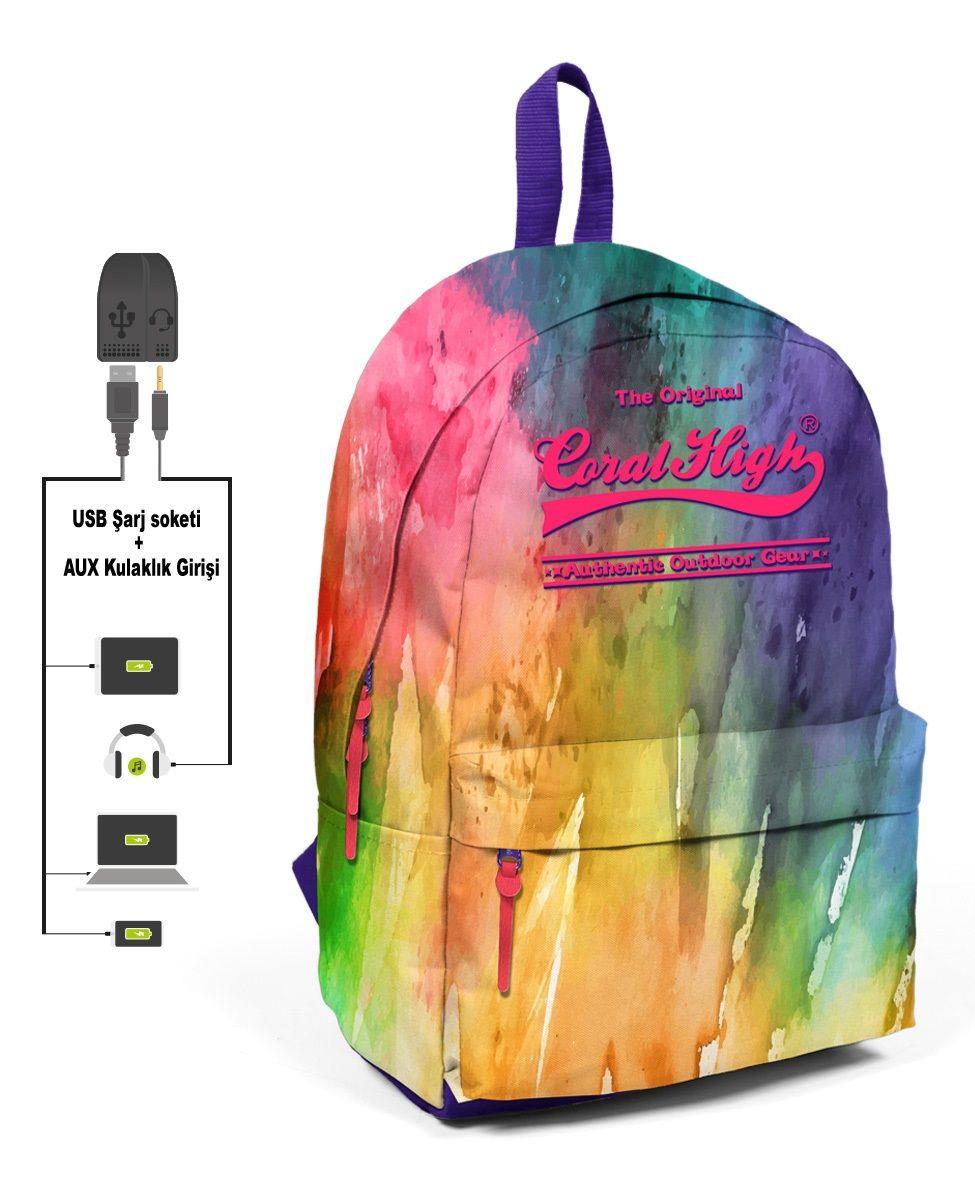 Coral High Gökkuşağı Desenli Sırt Çantası - Okul ve Günlük - USB+AUX Soketli