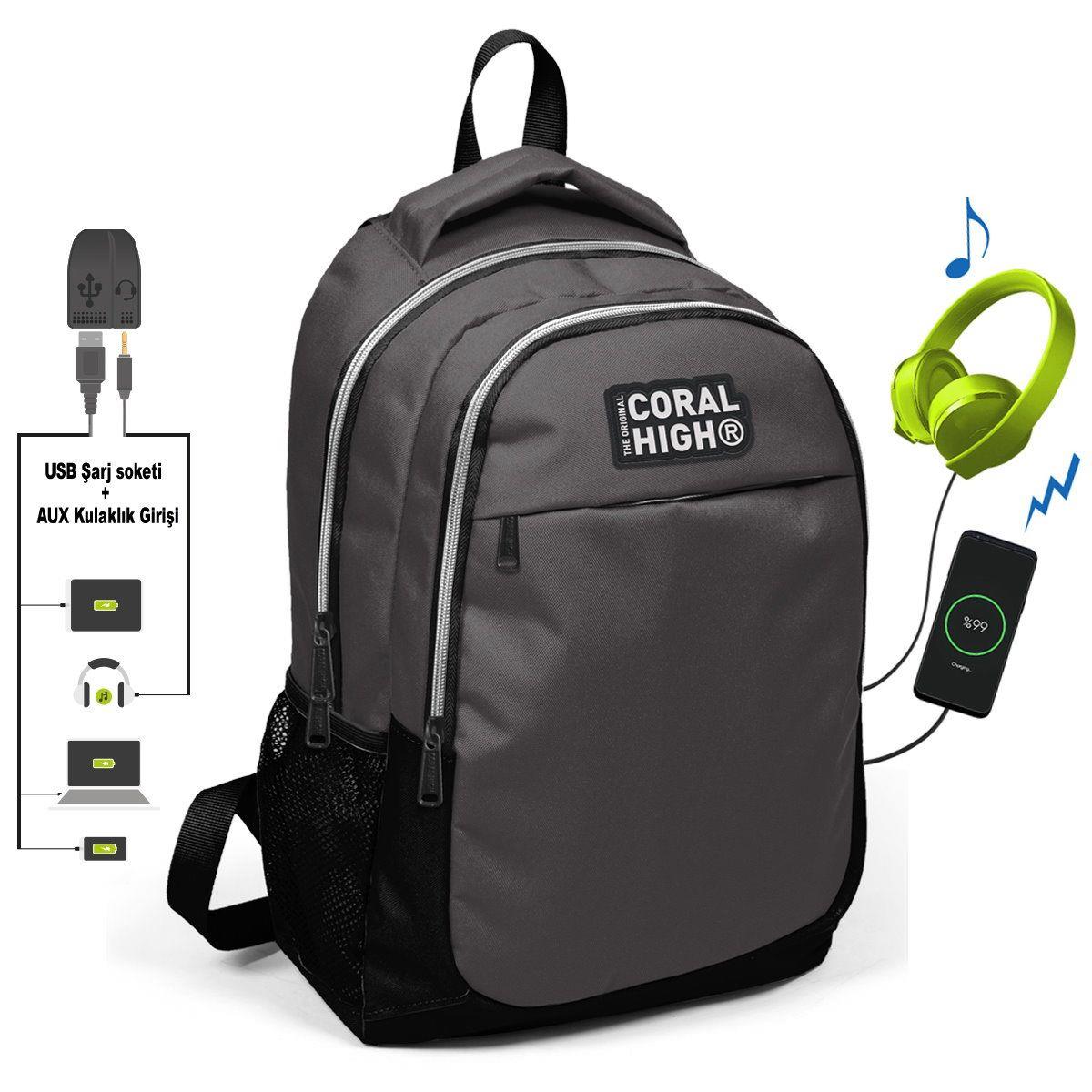 Coral High Gri-Sİyah İlk ve Ortaokul Sırt Çantası - USB ve AUX Çıkışlı