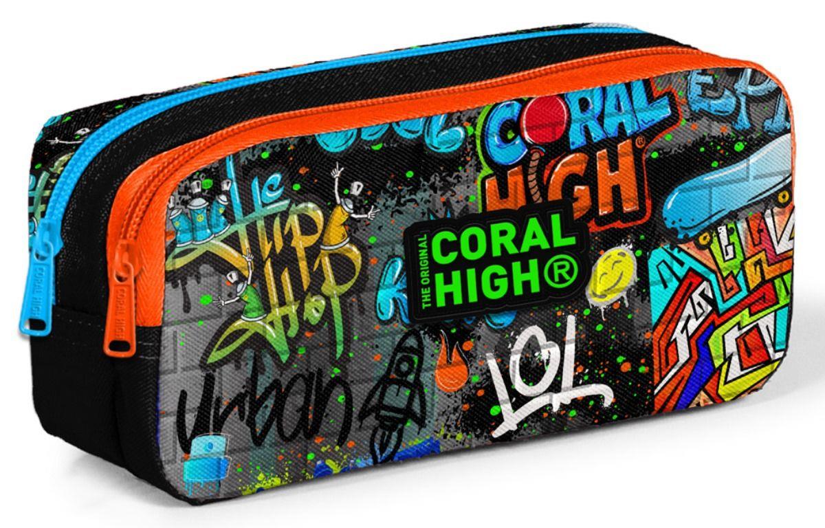 Coral High İki Bölmeli Erkek Çocuk Siyah Grafiti Kalem Çantası Kalemlik
