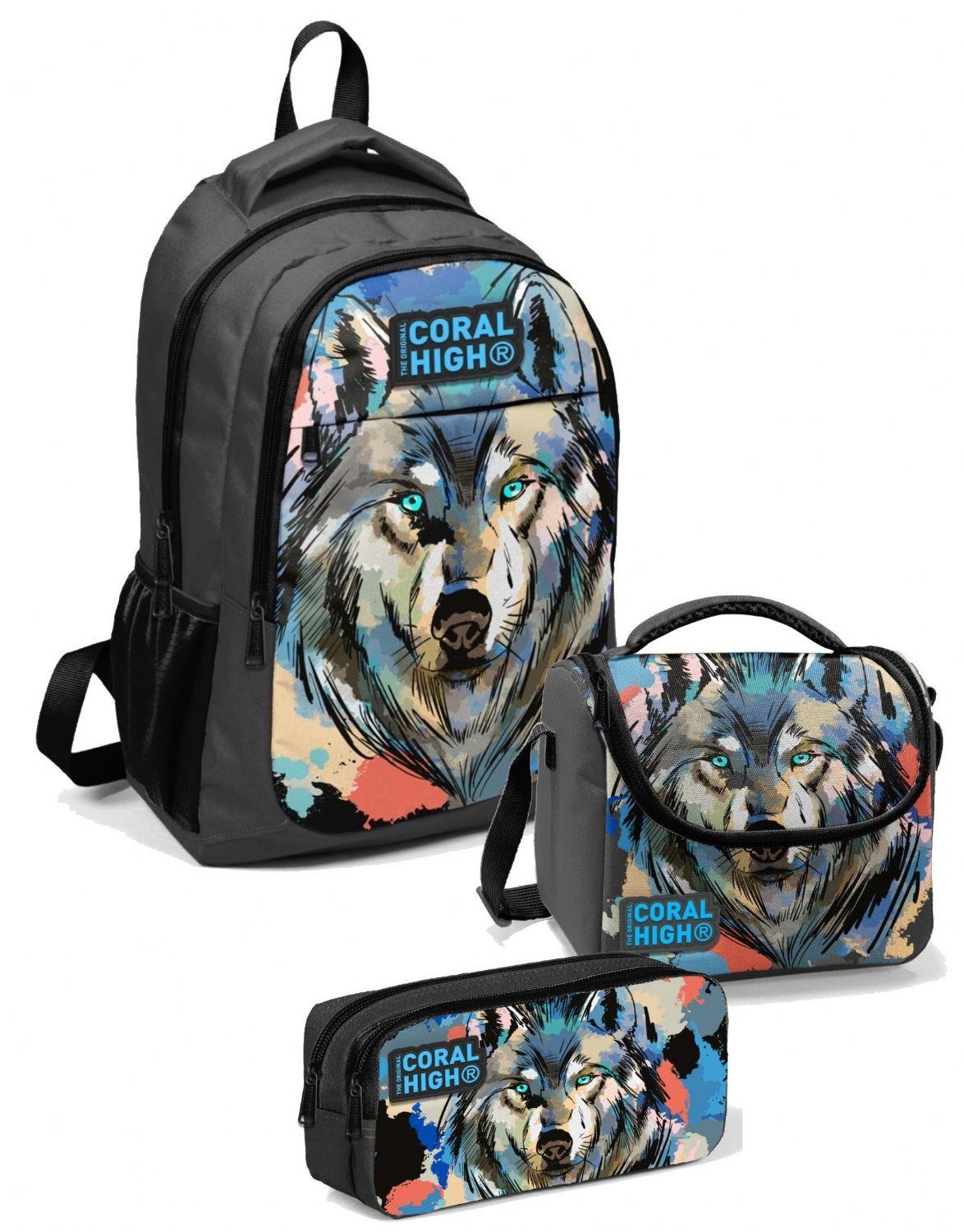 Coral High İlkokul Çanta Takımı Siyah Kurt - Okul Çantası Seti - Erkek Çocuk