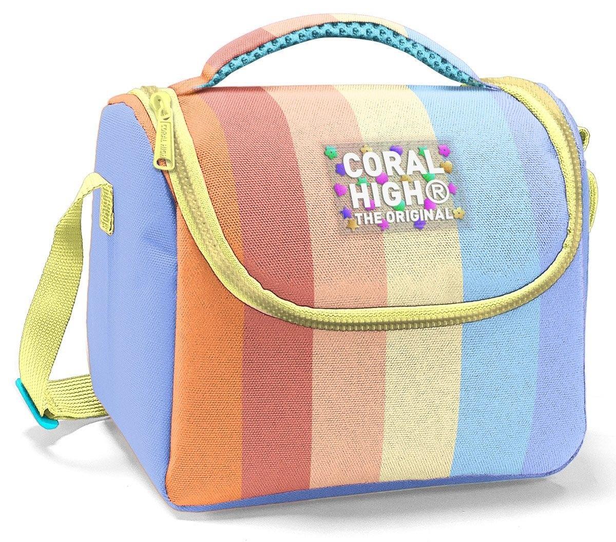 Coral High İlkokul Kız Çocuk Okul Beslenme Çantası, Turuncu Sarı Mavi Renkli Çizgili, Termoslu (Isı Yalıtımlı) 22780
