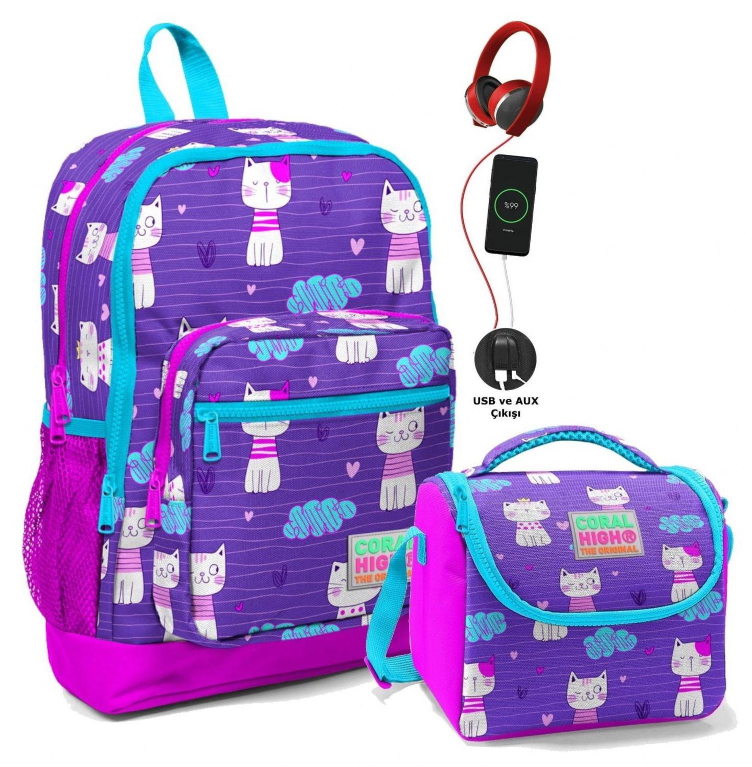 Coral High İlkokul Okul Çantası Seti Pembe Mor Kedi - Kız Çocuk