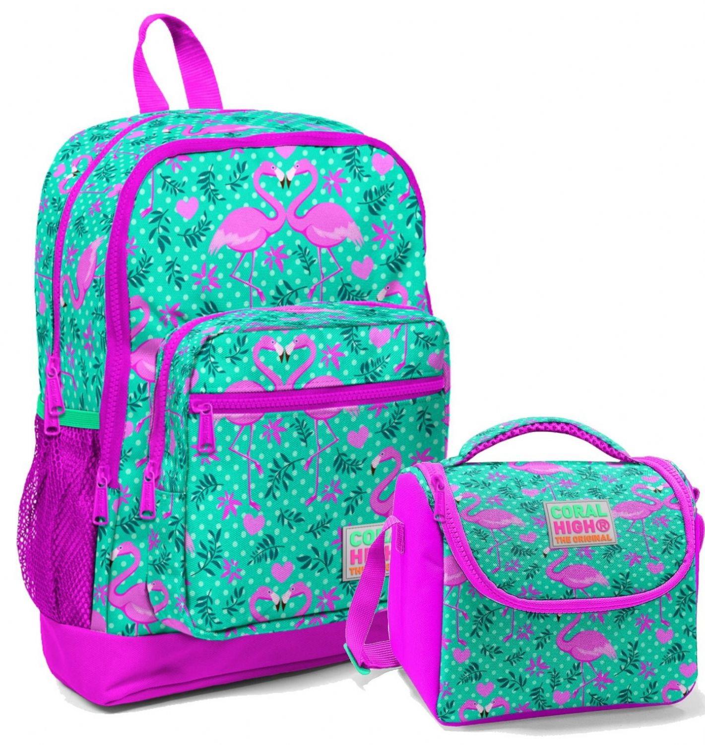 Coral High İlkokul Okul Çantası ve Beslenme Seti - Yeşil Flamingo - Kız Çocuk
