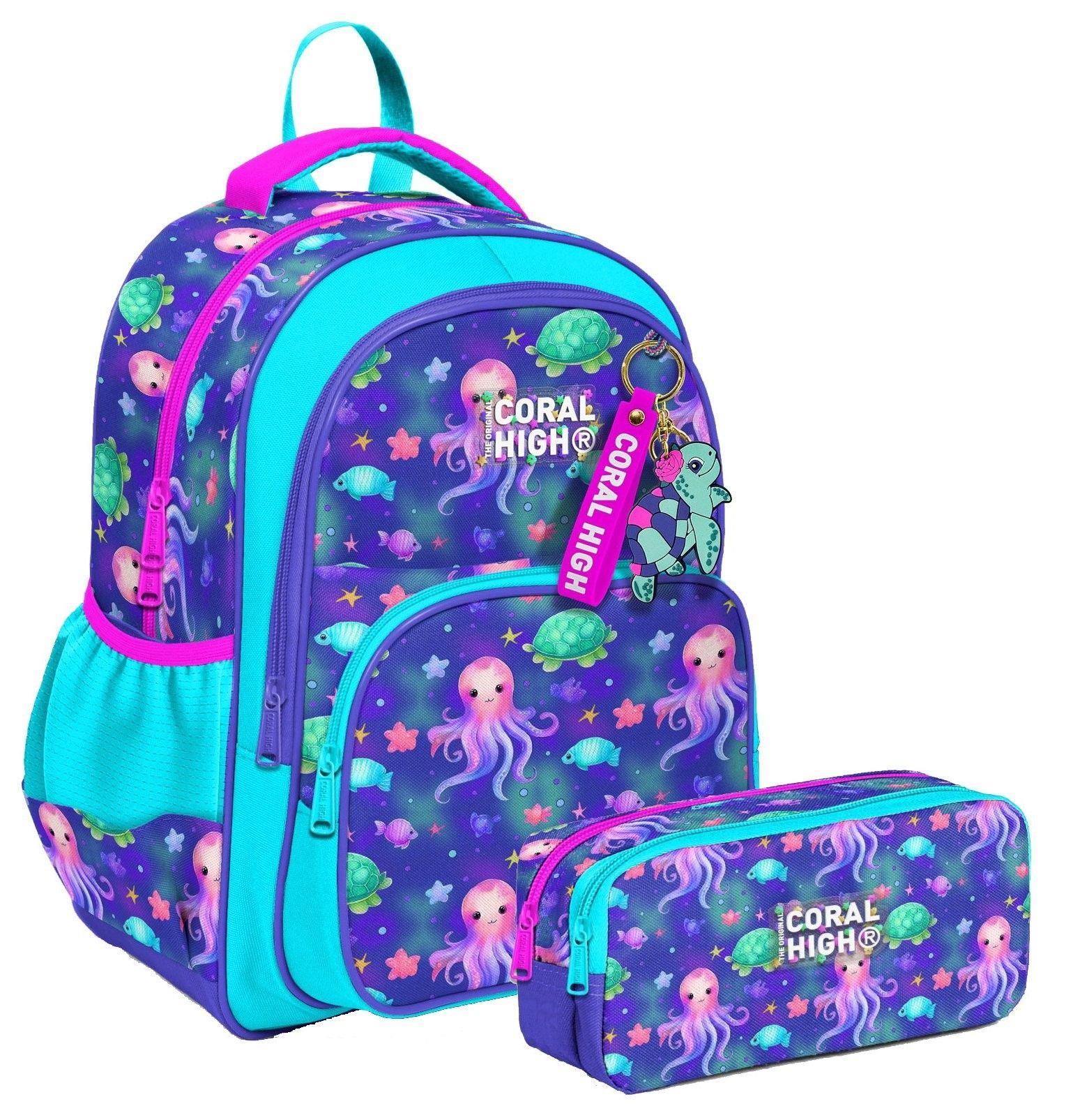 Coral High İlkokul Sırt Çantası ve İki Bölmeli Kalemlik - Kız Çocuk - Lavanta Turkuaz Deniz Anası