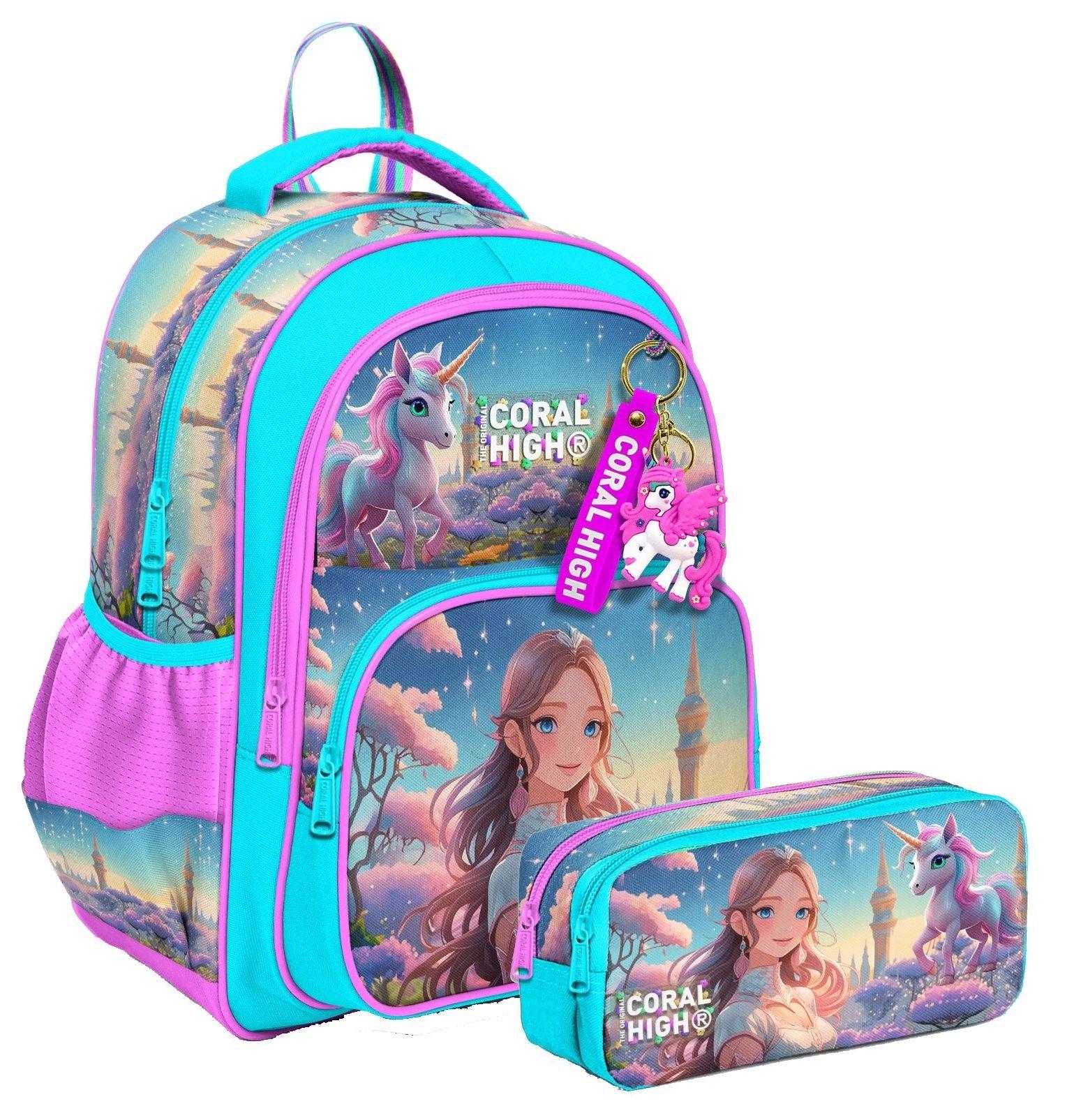 Coral High İlkokul Sırt Çantası ve İki Bölmeli Kalemlik - Kız Çocuk - Turkuaz Pembe Anime Kız