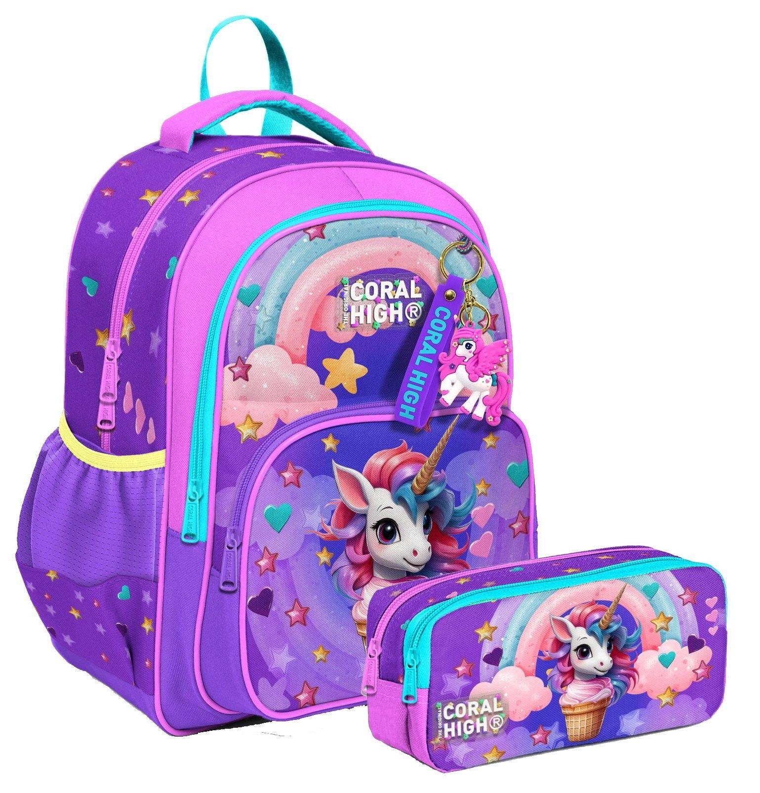 Coral High İlkokul Sırt Çantası ve İki Bölmeli Kalemlik - Kız Çocuk - Mor Pembe Dondurma Unicorn