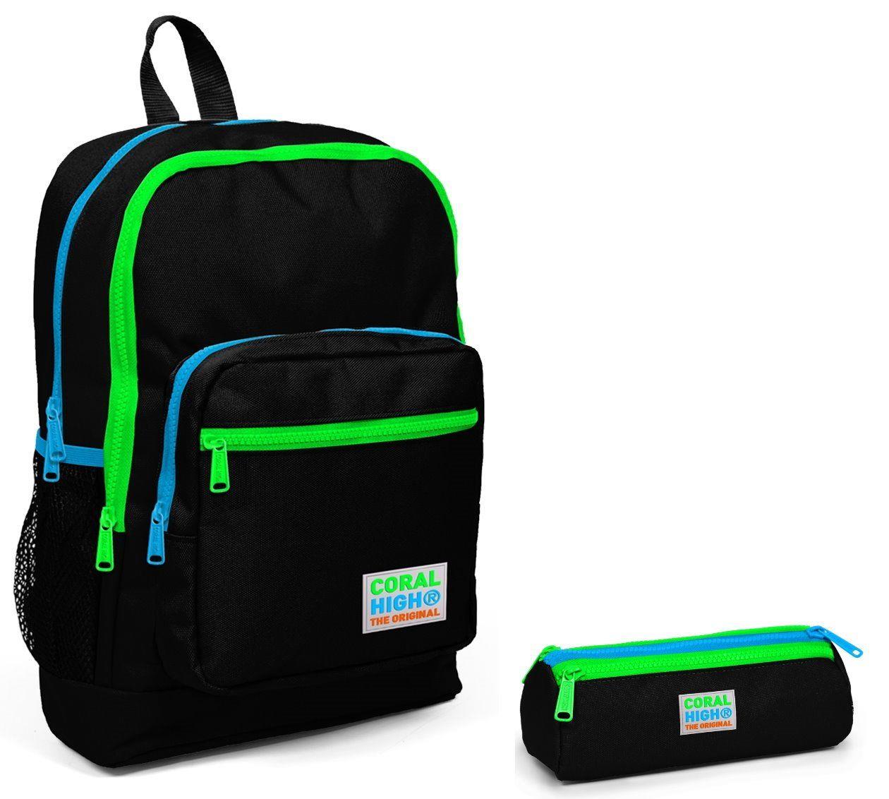 Coral High İlkokul Sırt Çantası ve Kalemlik Seti - Siyah Yeşil-Mavi Fermuarlı