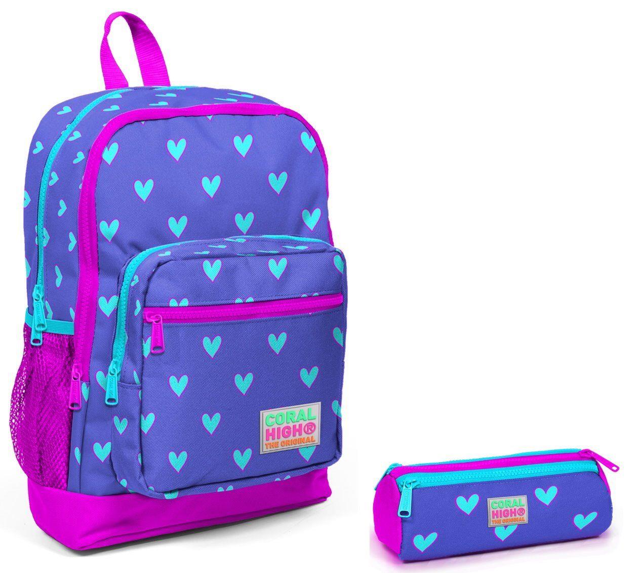 Coral High İlkokul Sırt Çantası ve Kalemlik Seti - Mavi Kalp - Kız Çocuk