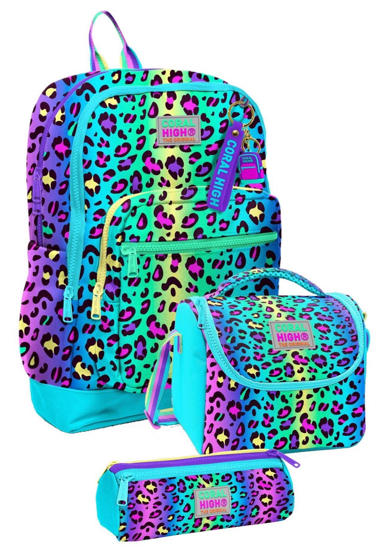 Coral High İlkokul Üçlü Okul Başlangıç Çanta Seti - Yeşil Mor Leopar, Kız Çocuk