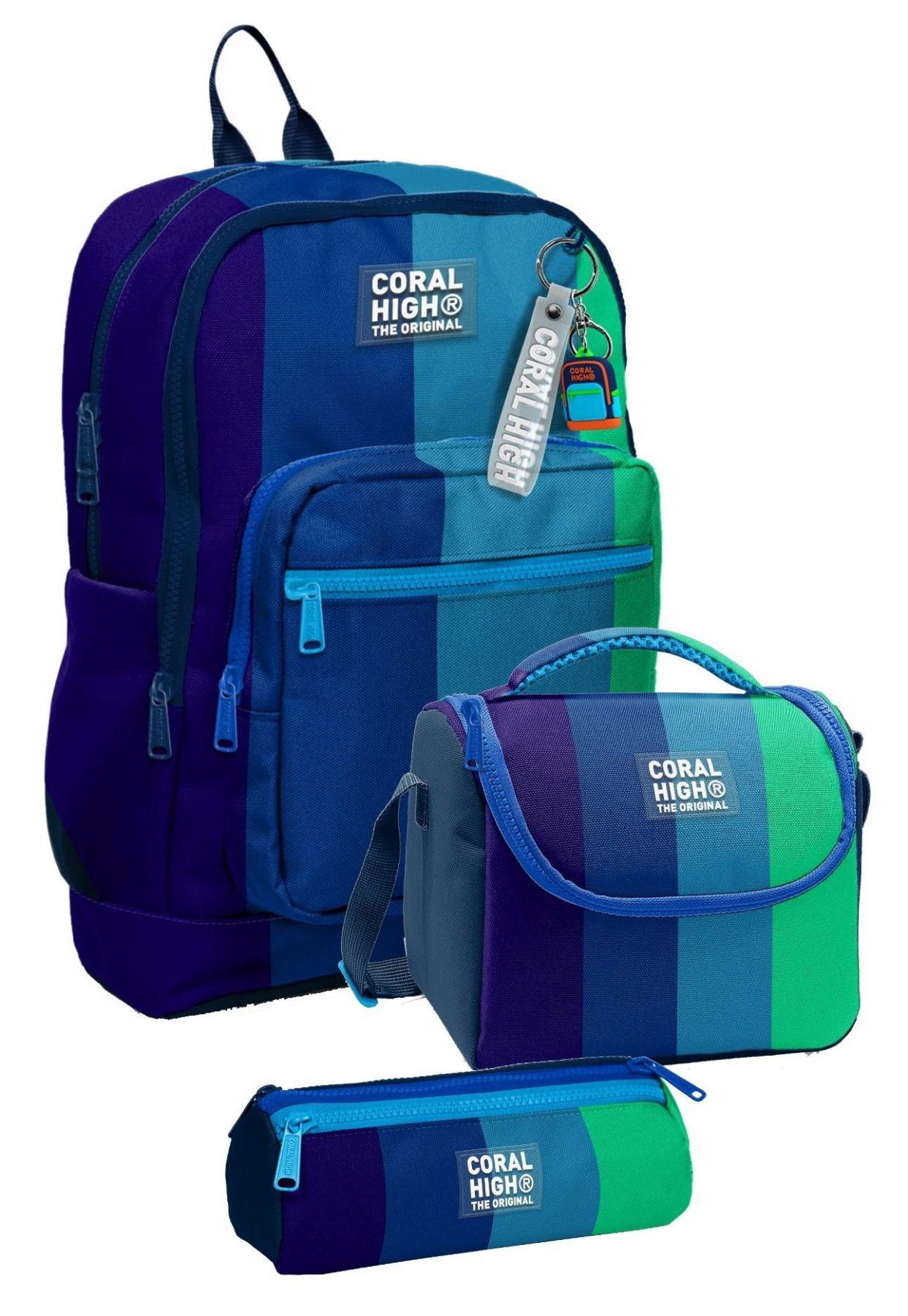 Coral High İlkokul Üçlü Okul Başlangıç Çanta Seti - Lacivert Yeşil Renkli Çizgili, Erkek Çocuk