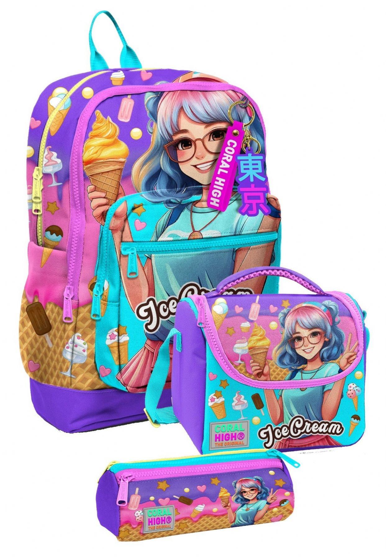 Coral High İlkokul Üçlü Okul Başlangıç Çanta Seti - Lila Turkuaz Dondurmalı Kız, Kız Çocuk