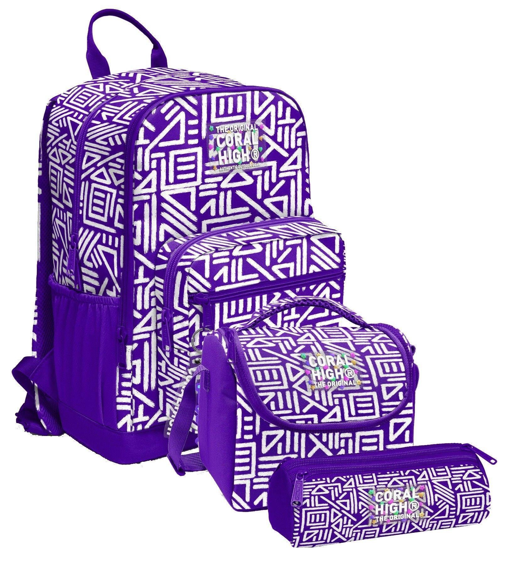 Coral High İlkokul ve Ortaokul Okul Çanta Üçlüsü - Kız Çocuk, Mor Beyaz Geometrik Şekiller