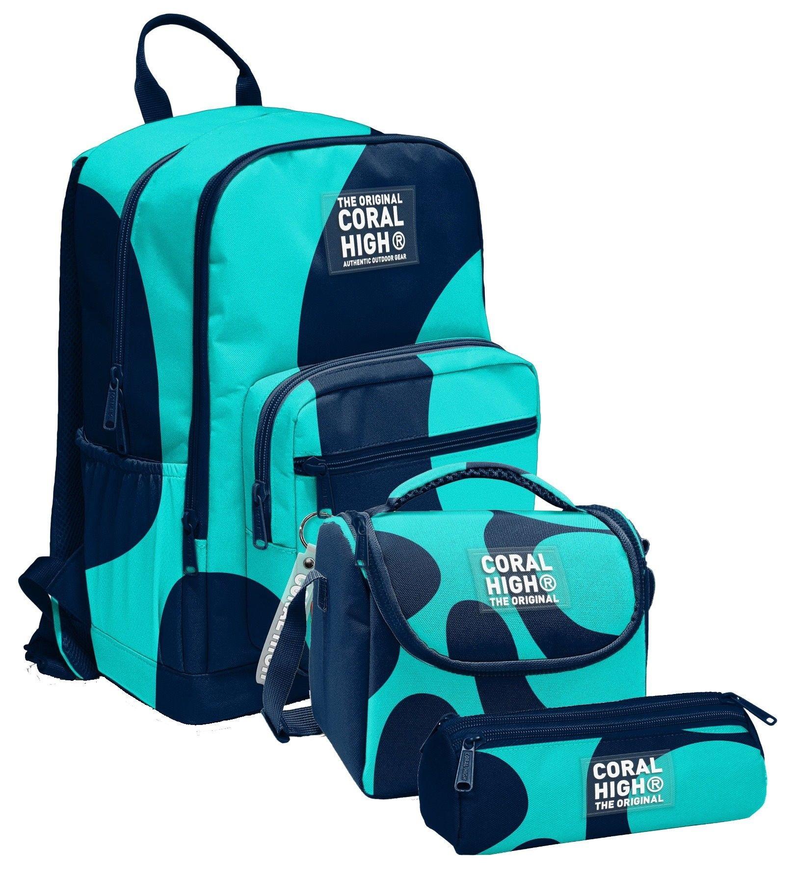Coral High İlkokul ve Ortaokul Okul Çanta Üçlüsü - Erkek Çocuk, Lacivert Turkuaz Renkli Çizgili
