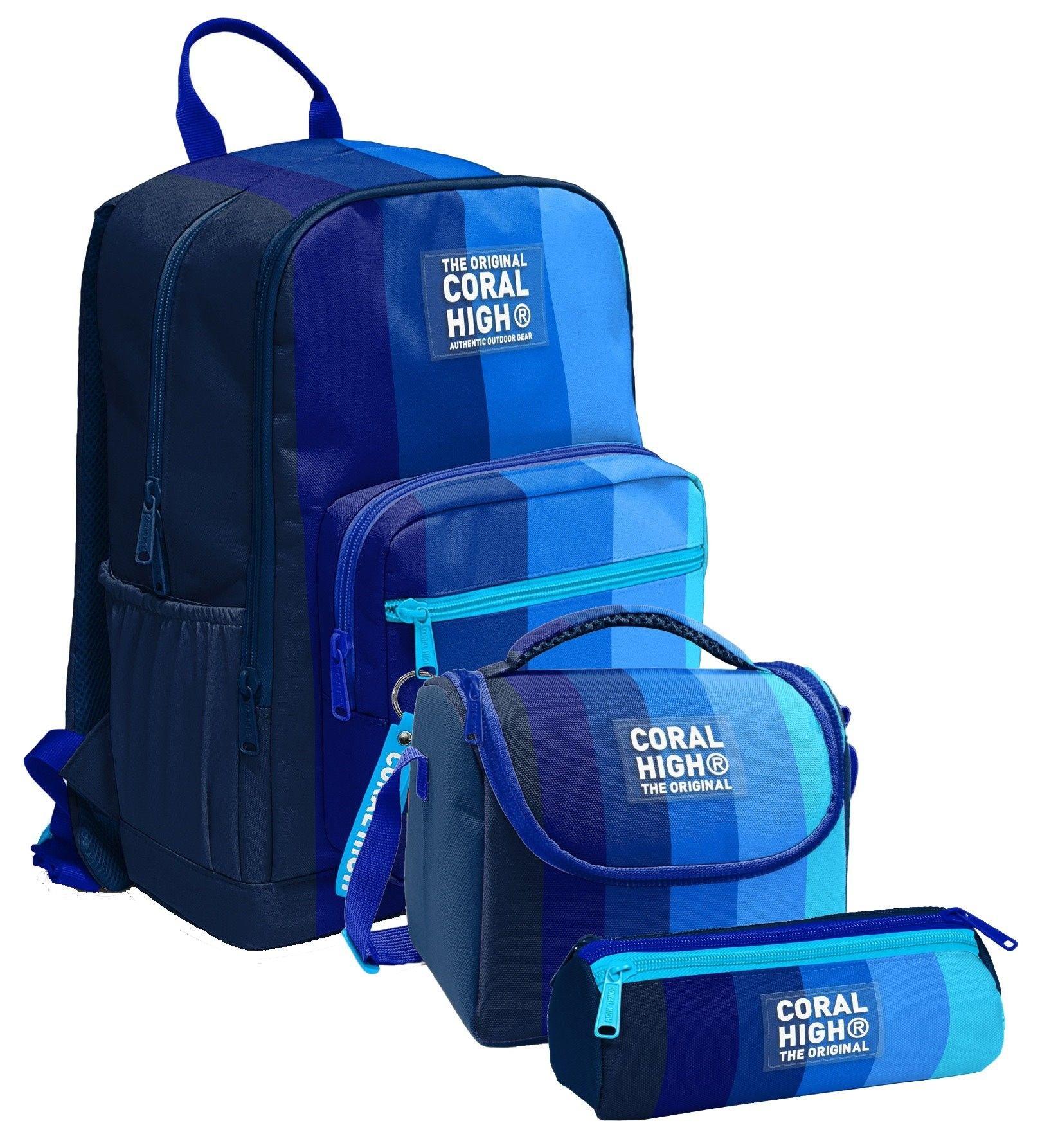 Coral High İlkokul ve Ortaokul Okul Çanta Üçlüsü - Erkek Çocuk, Lacivert Mavi Renk Geçişli Çizgili