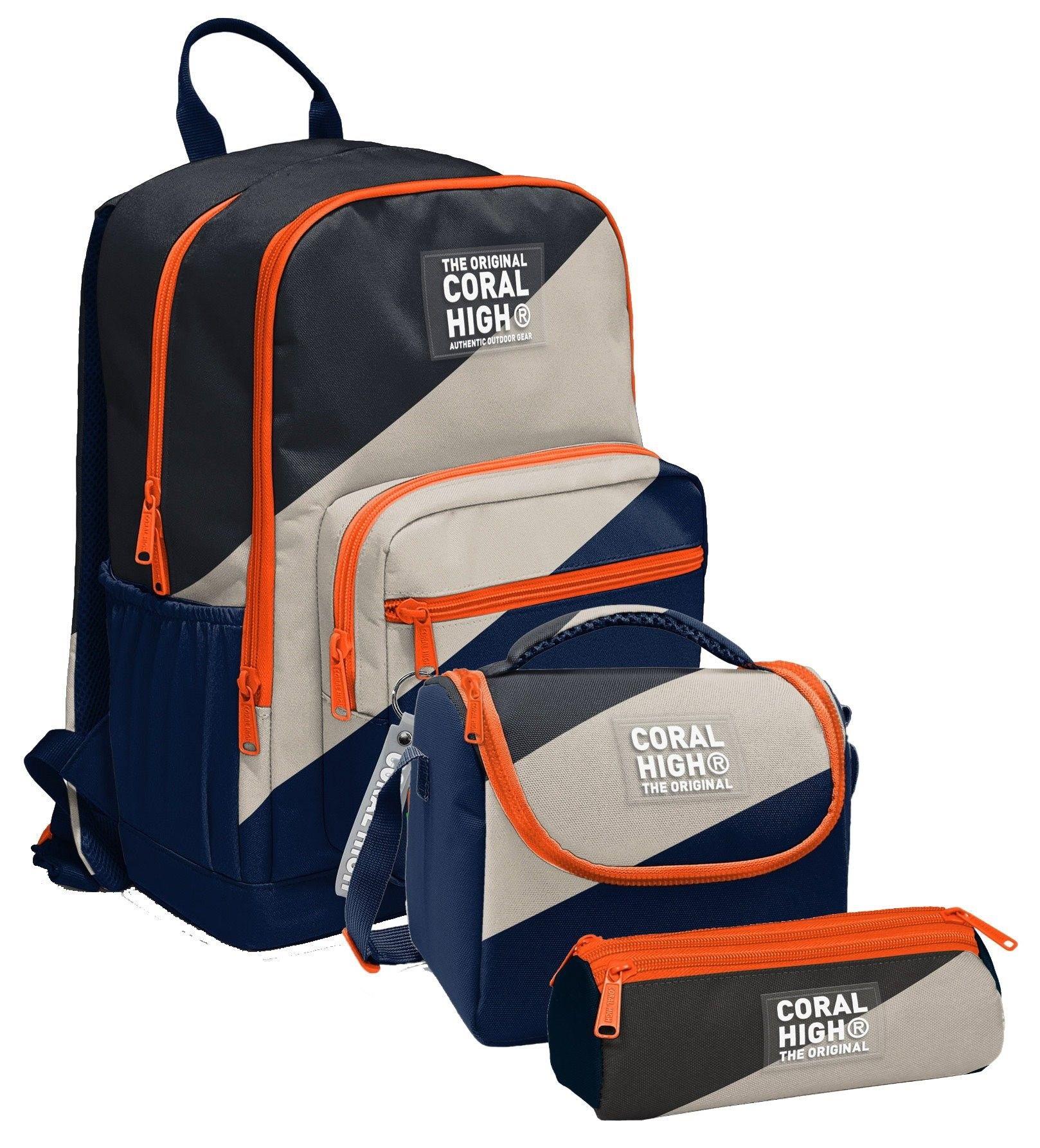 Coral High İlkokul ve Ortaokul Okul Çanta Üçlüsü - Erkek Çocuk, Lacivert Bej Renkli Çizgili