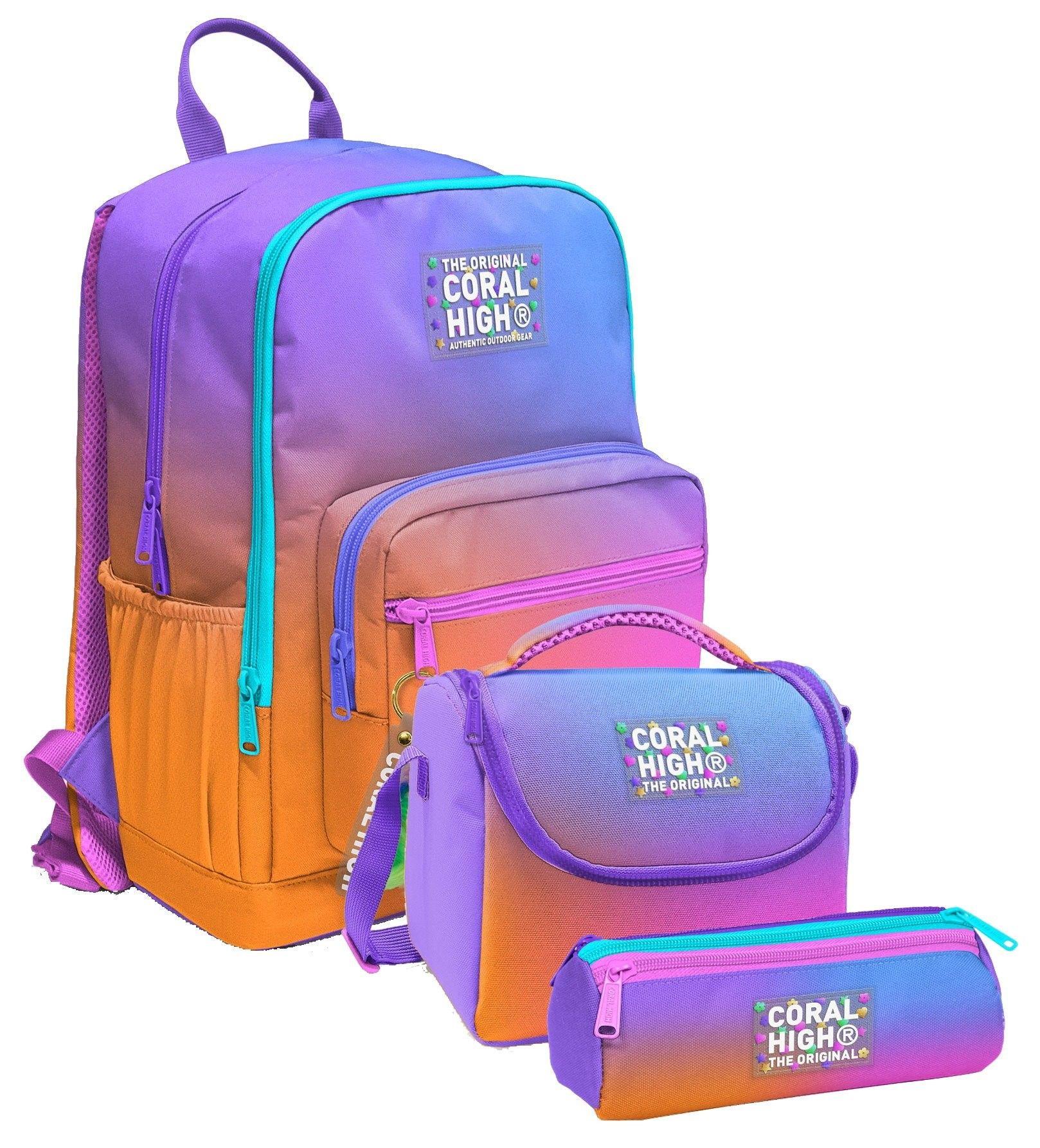 Coral High İlkokul ve Ortaokul Okul Çanta Üçlüsü - Kız Çocuk, Turuncu Mor Renk Geçişli