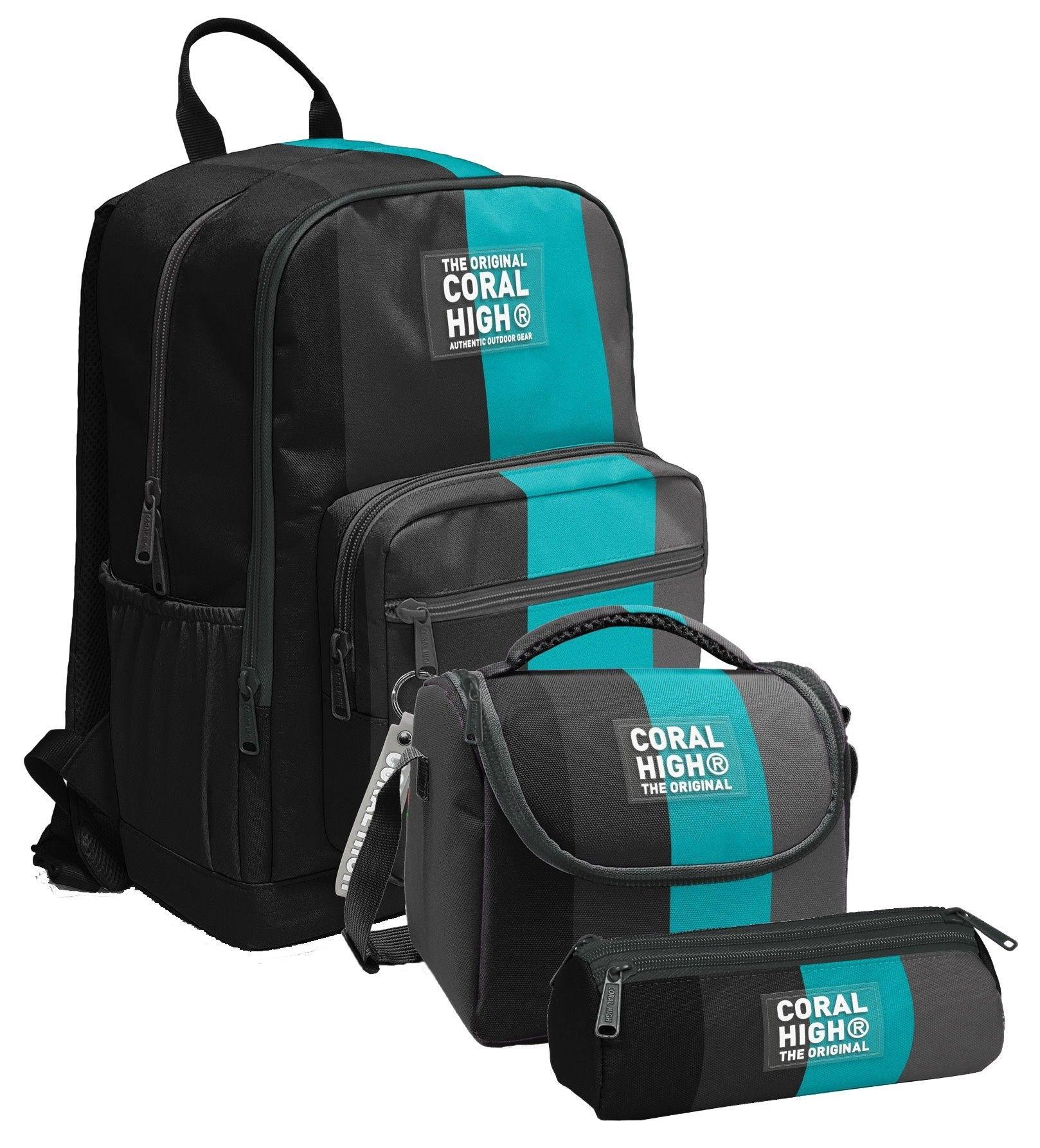 Coral High İlkokul ve Ortaokul Okul Çanta Üçlüsü - Erkek Çocuk, Siyah Turkuaz Çizgili