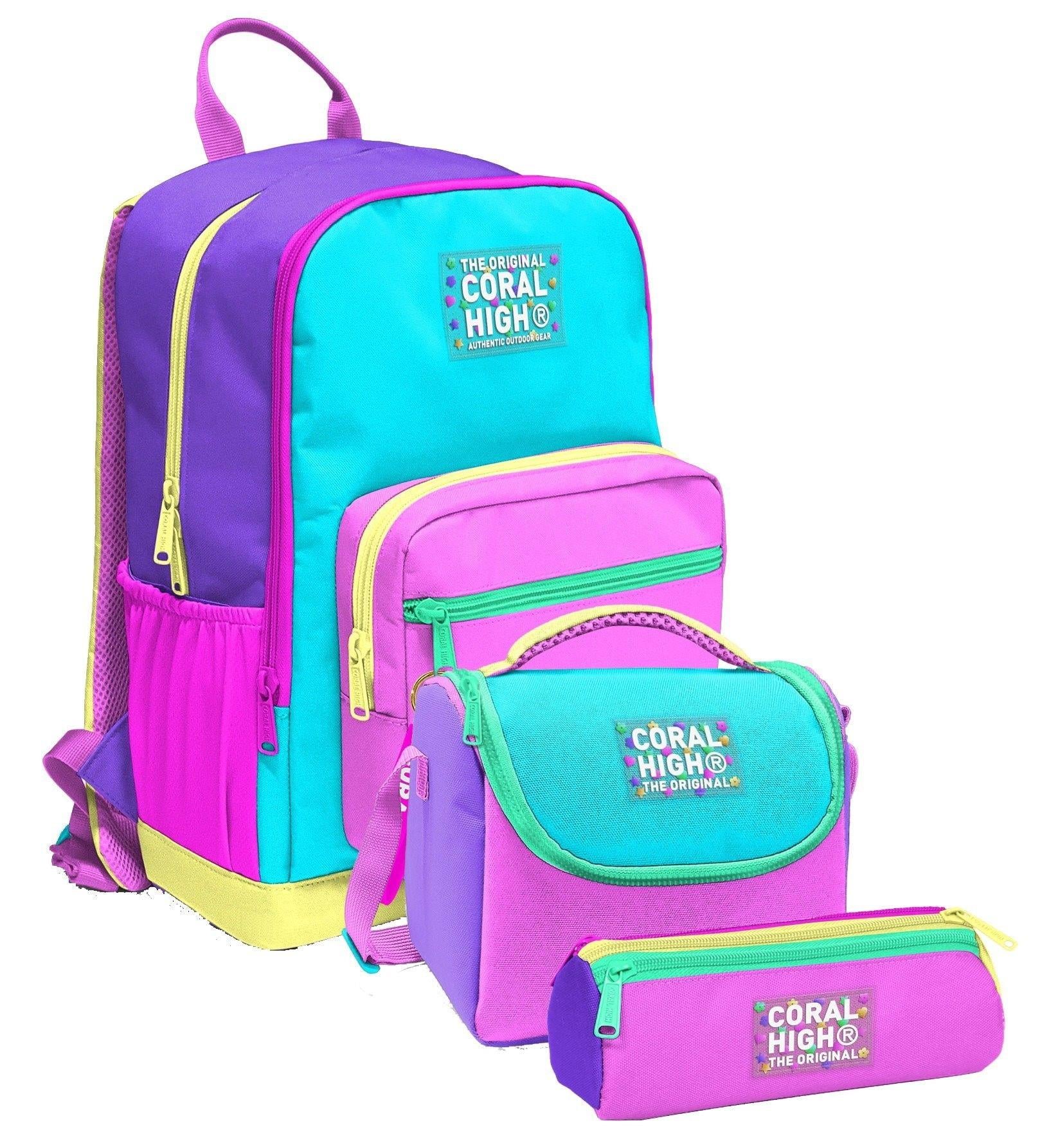 Coral High İlkokul ve Ortaokul Okul Çanta Üçlüsü - Kız Çocuk, Mor Yeşil Pembe Çok Renkli