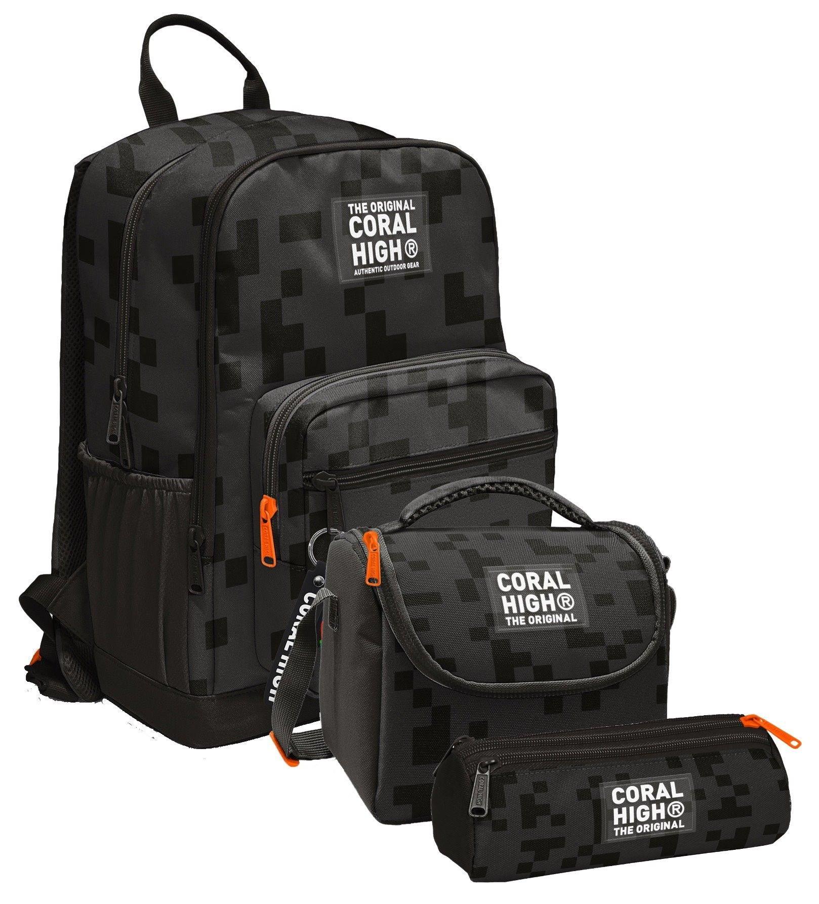 Coral High İlkokul ve Ortaokul Okul Çanta Üçlüsü - Erkek Çocuk, Siyah Blok Desenli