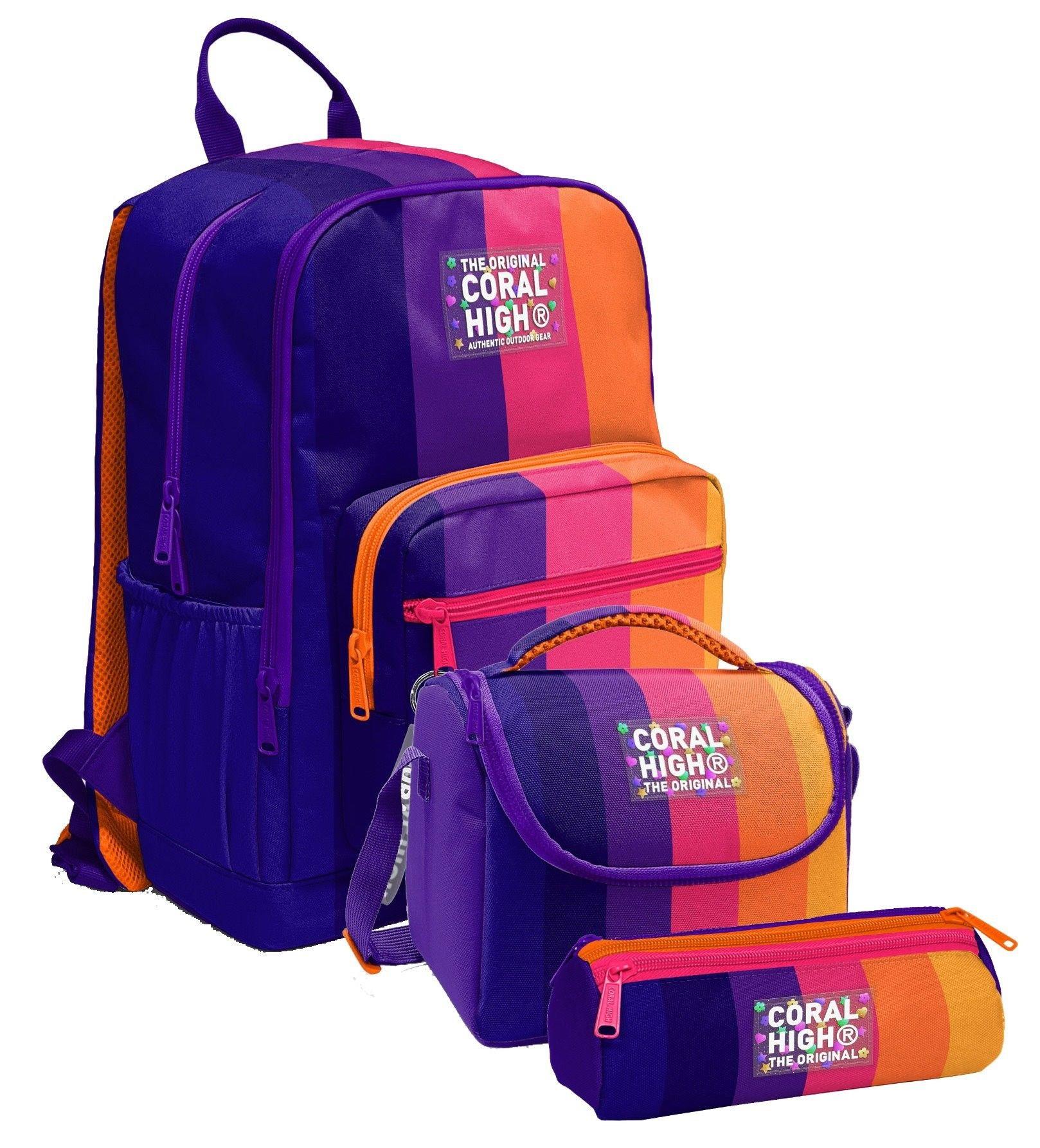 Coral High İlkokul ve Ortaokul Okul Çanta Üçlüsü - Kız Çocuk, Mor Turuncu Renkli Çizgili
