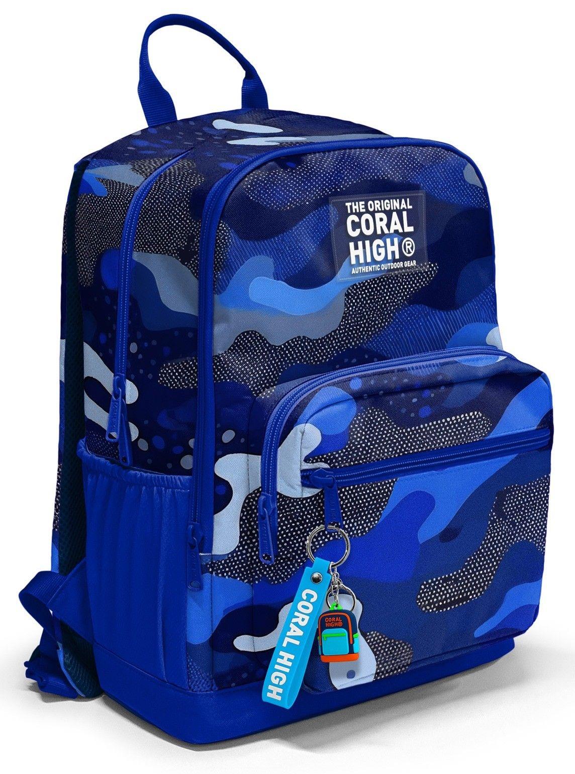Coral High İlkokul ve Ortaokul Sırt Çantası 23689 - Erkek Çocuk, Mavi Lacivert Kamuflaj Desenli, Dört Bölmeli