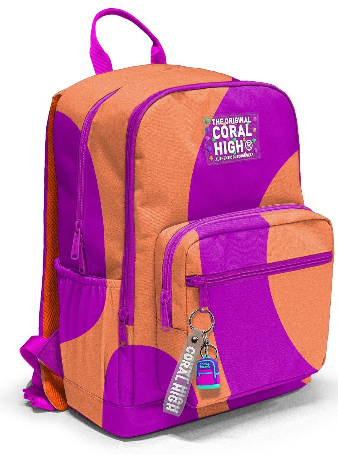 Coral High İlkokul ve Ortaokul Sırt Çantası 23684 - Kız Çocuk, Turuncu Mor Renkli Çizgili, Dört Bölmeli