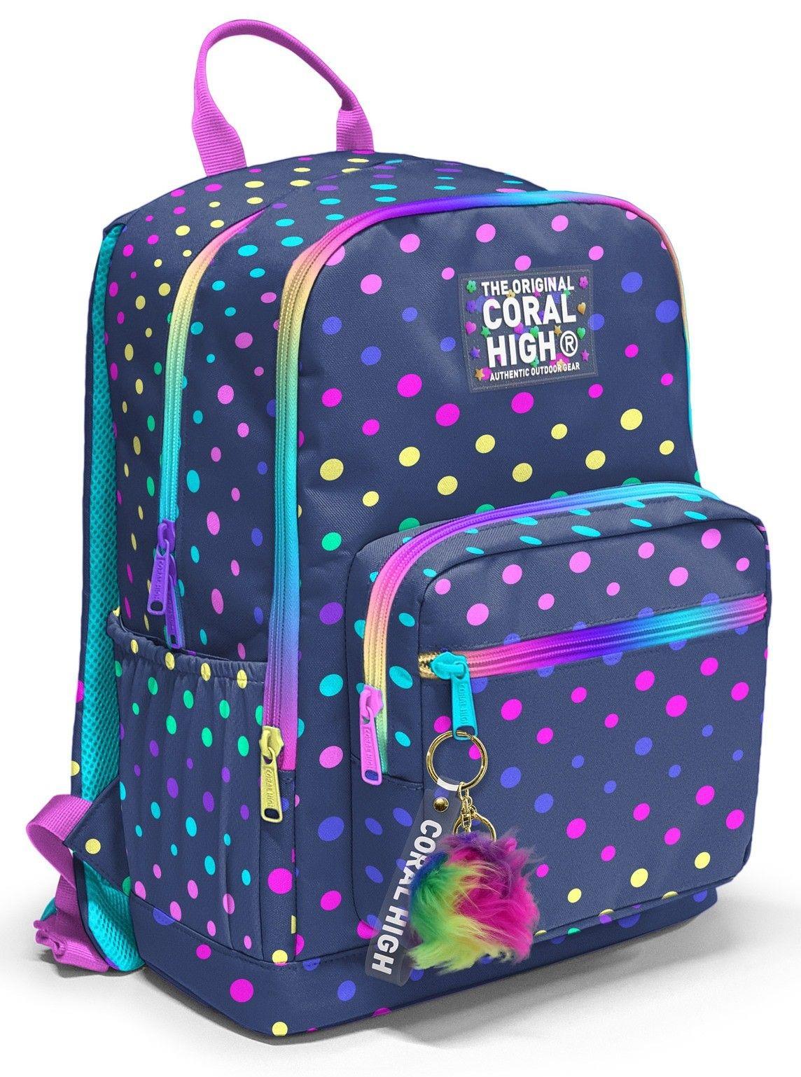 Coral High İlkokul ve Ortaokul Sırt Çantası 23672 - Kız Çocuk, Puantiyeli Lacivert Desenli, Dört Bölmeli