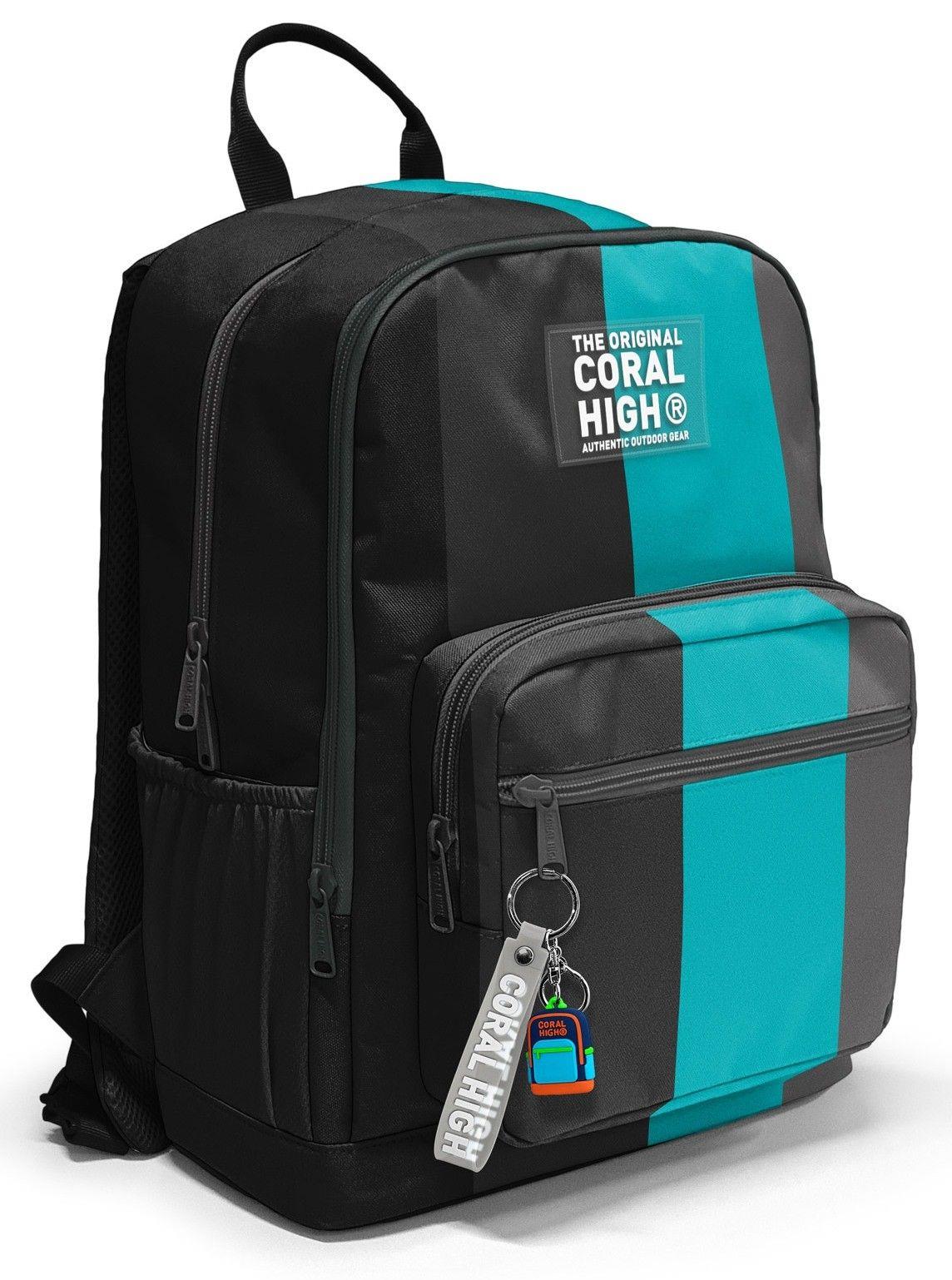Coral High İlkokul ve Ortaokul Sırt Çantası 23696 - Erkek Çocuk, Siyah Turkuaz Çizgili, Dört Bölmeli