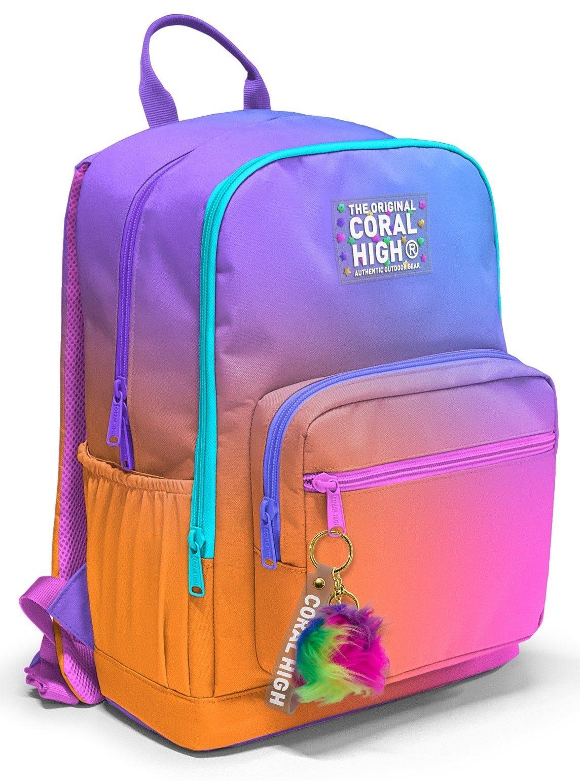 Coral High İlkokul ve Ortaokul Sırt Çantası 23675 - Kız Çocuk, Turuncu Mor Renk Geçişli Baskılı, Dört Bölmeli