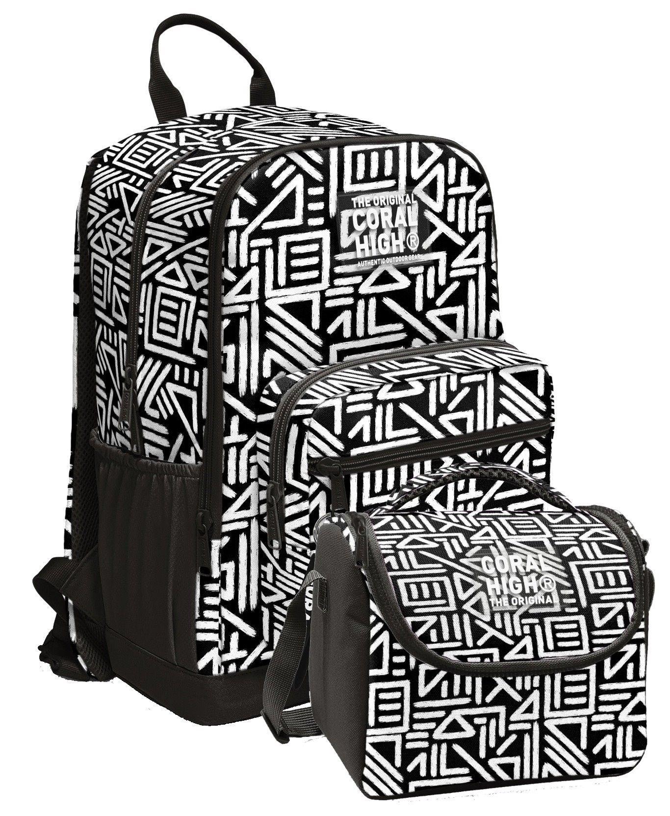 Coral High İlkokul ve Ortaokul Sırt Çantası ve Beslenme Seti - Erkek Çocuklar İçin Siyah Beyaz Geometrik Şekiller