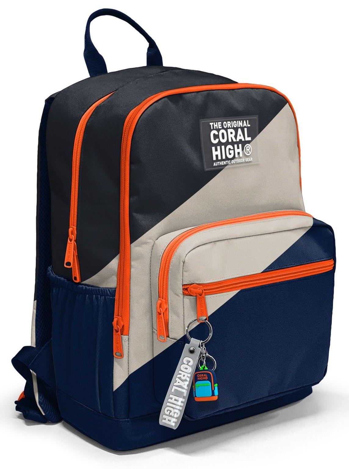 Coral High İlkokul ve Ortaokul Sırt Çantası 23693 - Erkek Çocuk, Lacivert Bej Renkli Çizgili, Dört Bölmeli