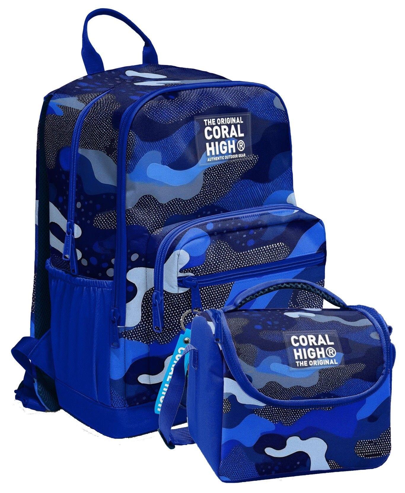 Coral High İlkokul ve Ortaokul Sırt Çantası ve Beslenme Seti - Erkek Çocuklar İçin Mavi Lacivert Kamuflaj