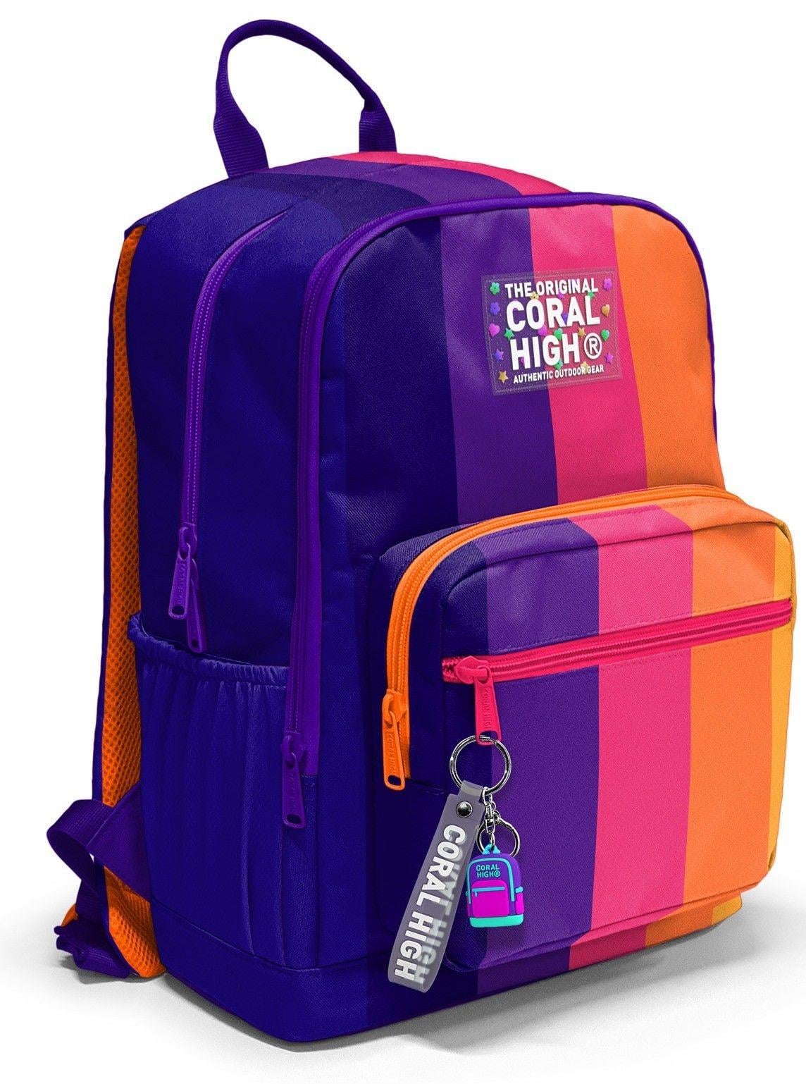 Coral High İlkokul ve Ortaokul Sırt Çantası 23674 - Kız Çocuk, Mor Turuncu Renkli Çizgili Baskılı, Dört Bölmeli