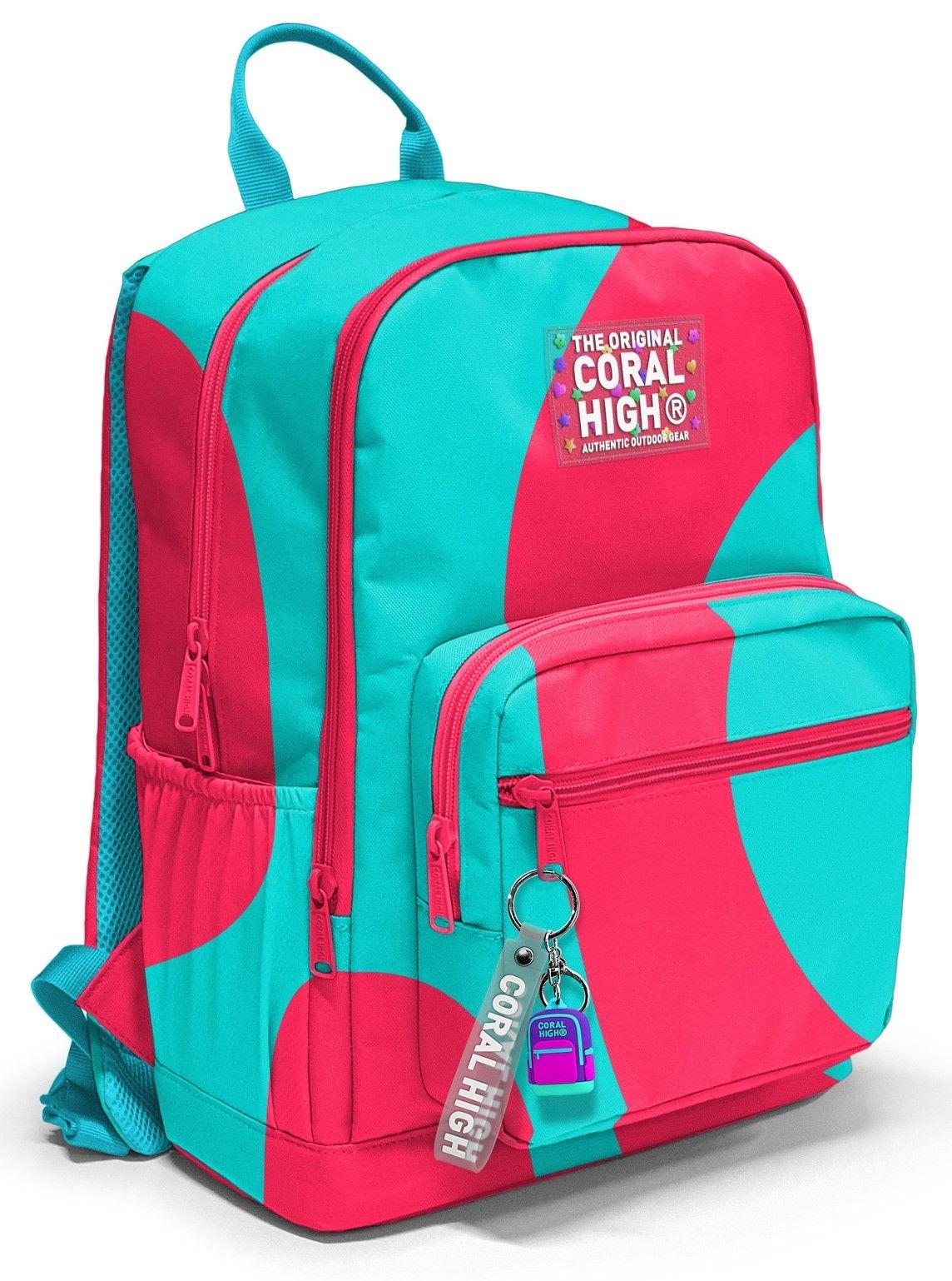 Coral High İlkokul ve Ortaokul Sırt Çantası 23685 -  Kız Çocuk, Kırmızı Turkuaz Renkli Çizgili, Dört Bölmeli