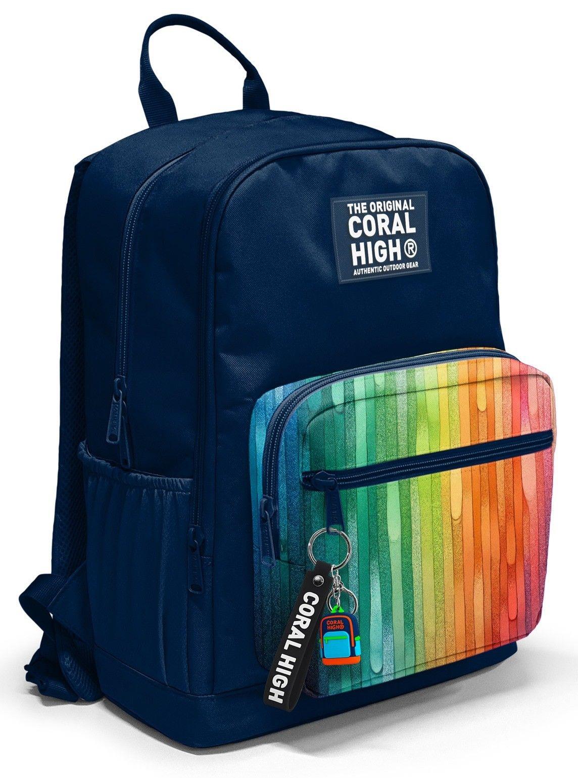 Coral High İlkokul ve Ortaokul Sırt Çantası 23690 - Erkek Çocuk, Lacivert Çok Renkli Çizgi Desenli, Dört Bölmeli