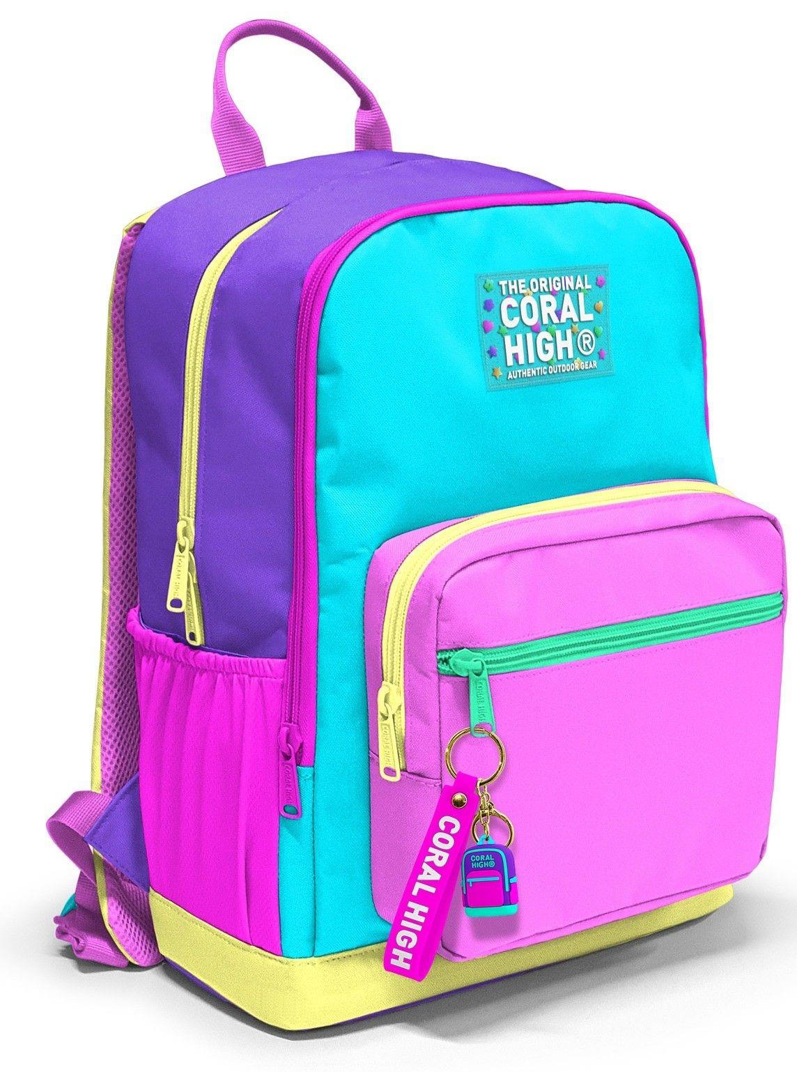 Coral High İlkokul ve Ortaokul Sırt Çantası 23676 - Kız Çocuk, Mor Yeşil Pembe Çok Renkli, Dört Bölmeli