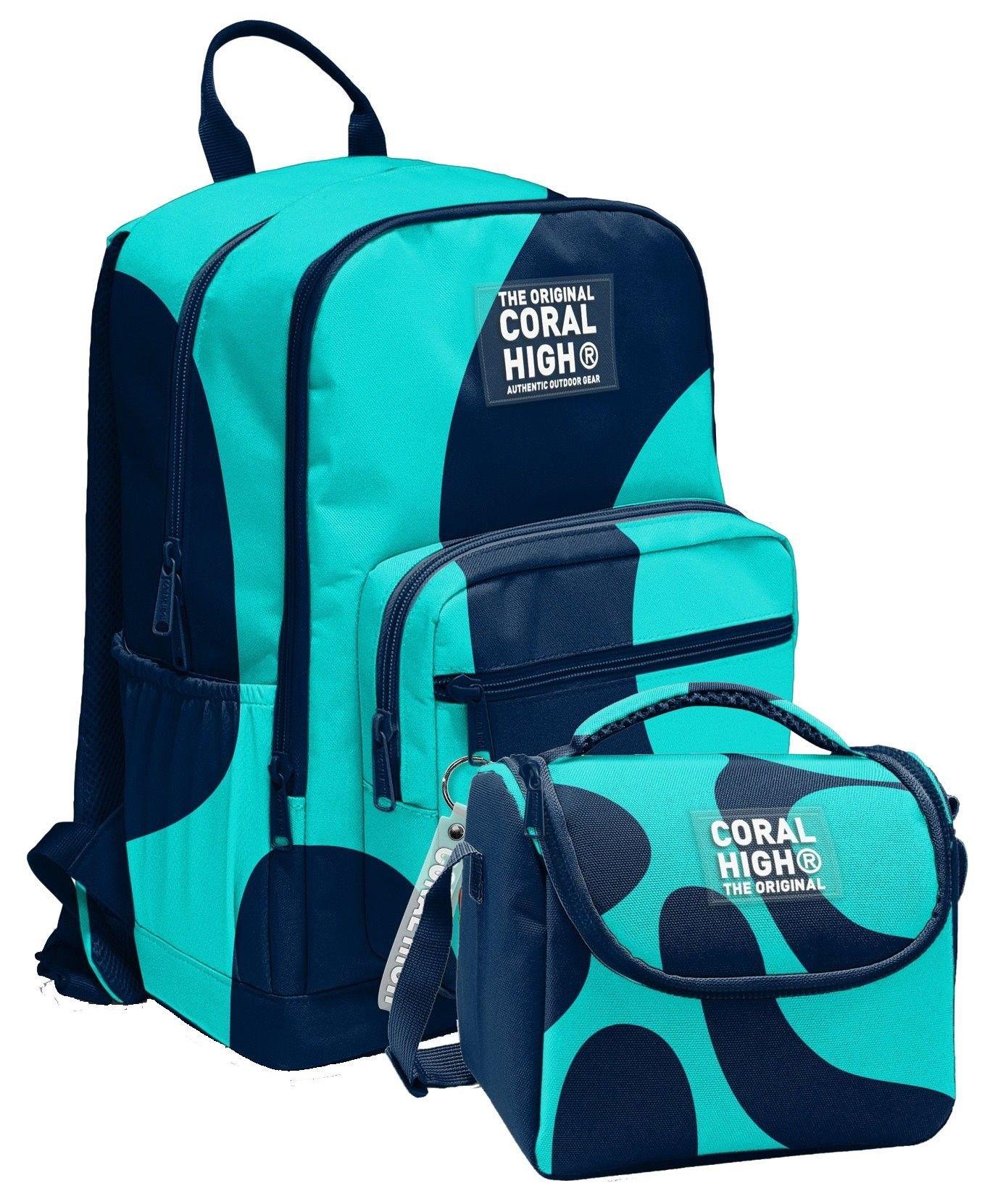Coral High İlkokul ve Ortaokul Sırt Çantası ve Beslenme Seti - Erkek Çocuklar İçin Lacivert Turkuaz Renkli Çizgili