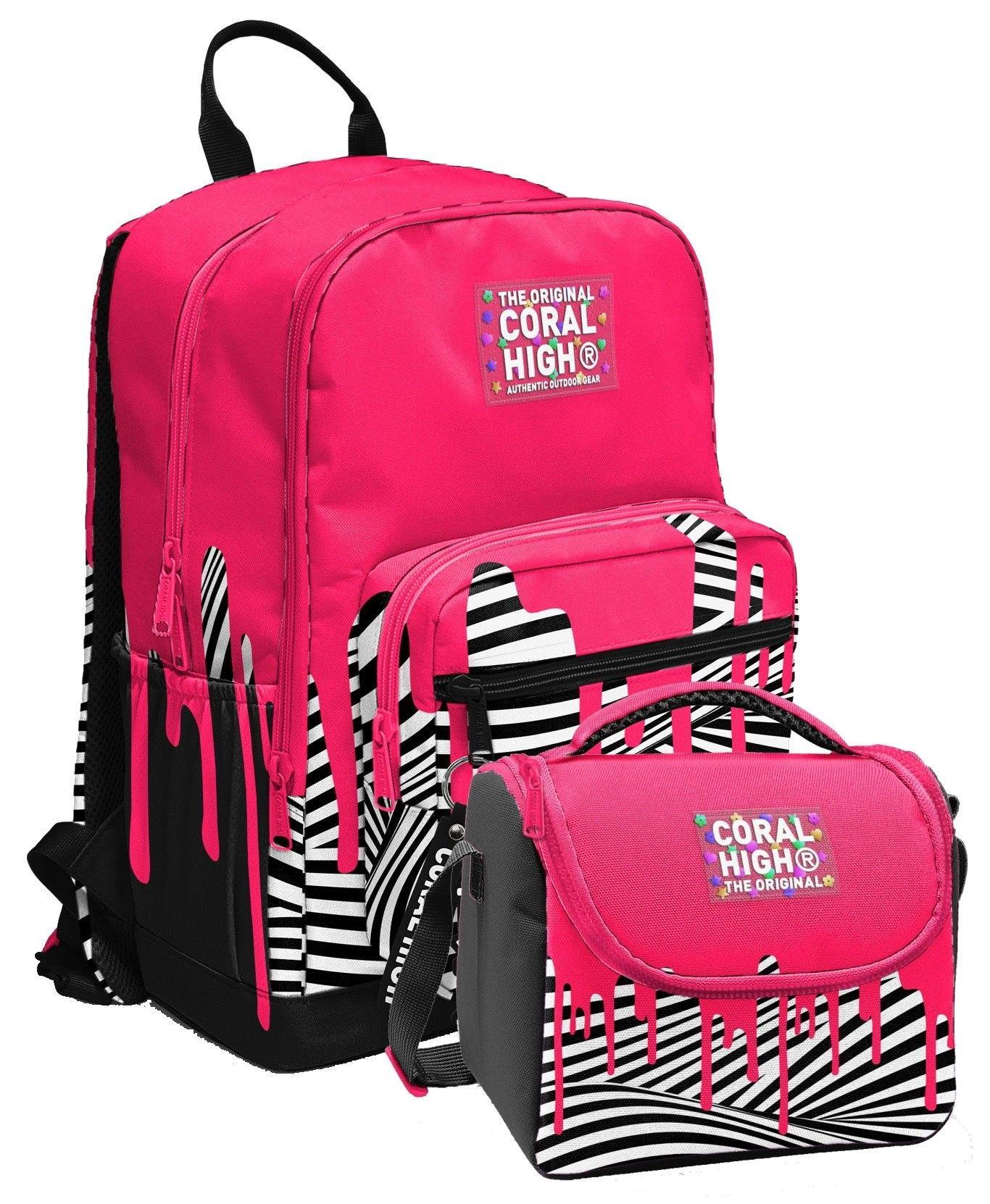 Coral High İlkokul ve Ortaokul Sırt Çantası ve Beslenme Seti - Kız Çocuklar İçin Pembe Siyah Beyaz Boya Desenli