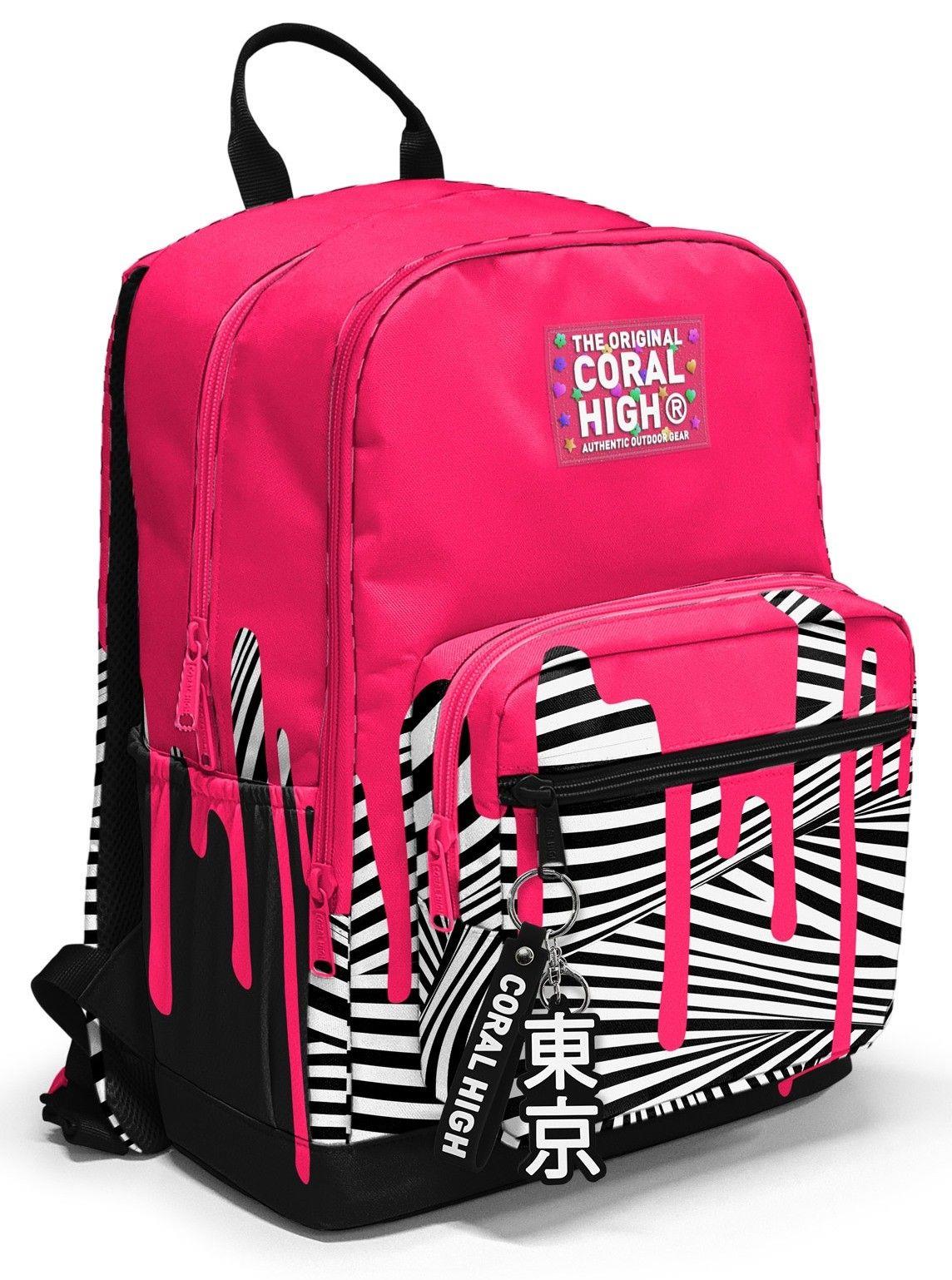 Coral High İlkokul ve Ortaokul Sırt Çantası 23678 - Kız Çocuk, Pembe Siyah Beyaz Boya Desenli, Dört Bölmeli
