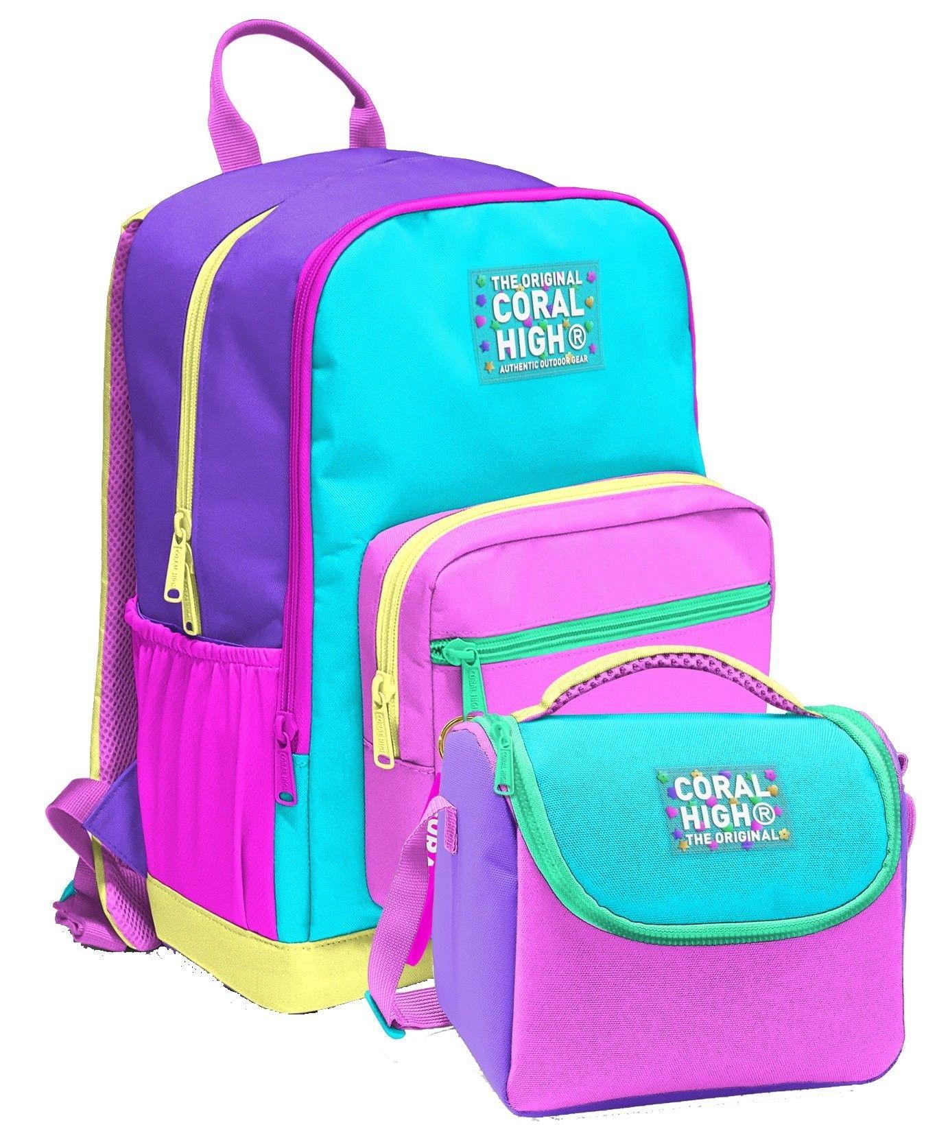 Coral High İlkokul ve Ortaokul Sırt Çantası ve Beslenme Seti - Kız Çocuklar İçin Mor Yeşil Pembe Çok Renkli