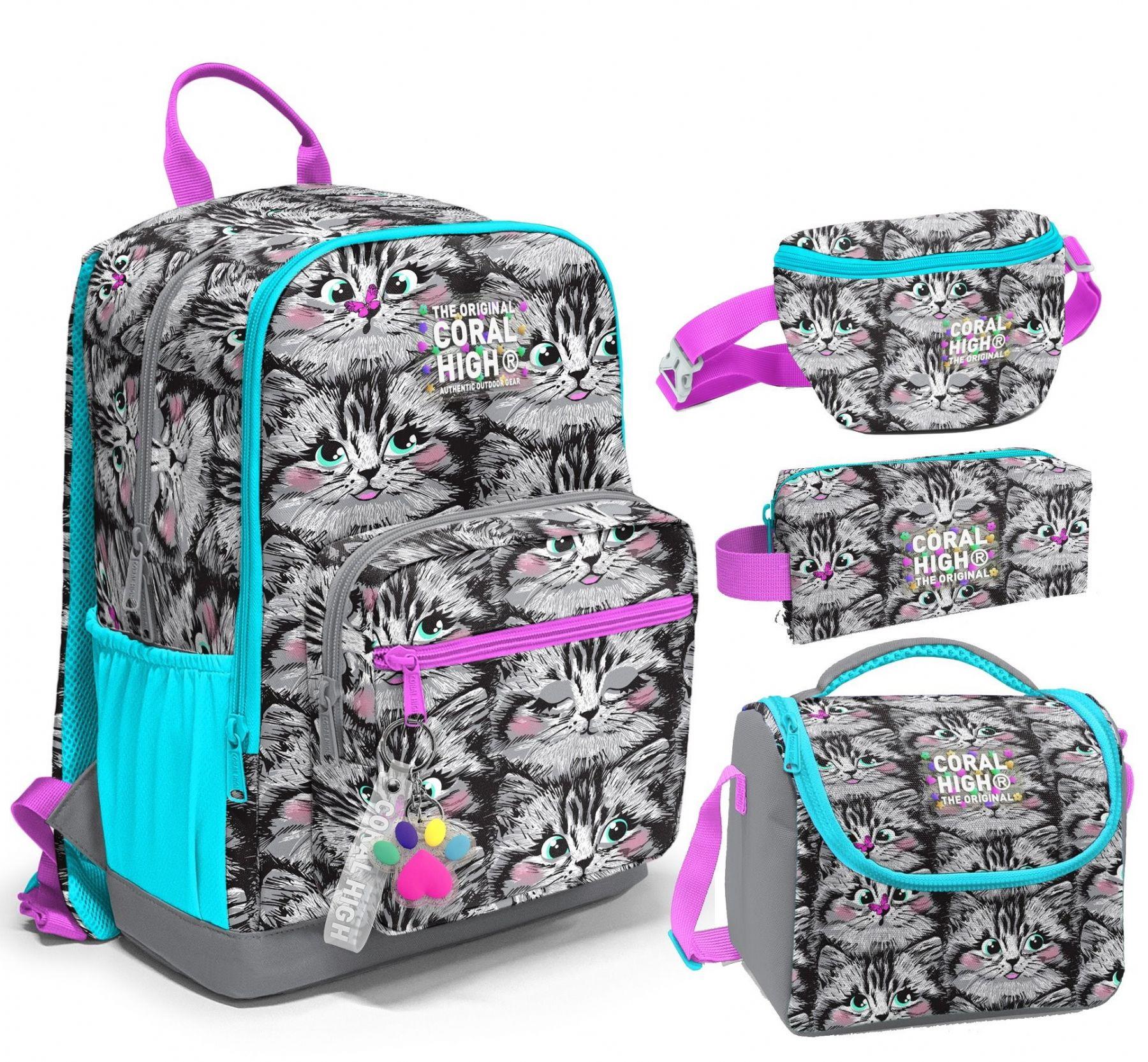Coral High İlkokul/Ortaokul Çanta Seti ve Bel Çantası- Gri Kedi - Kız Çocuk
