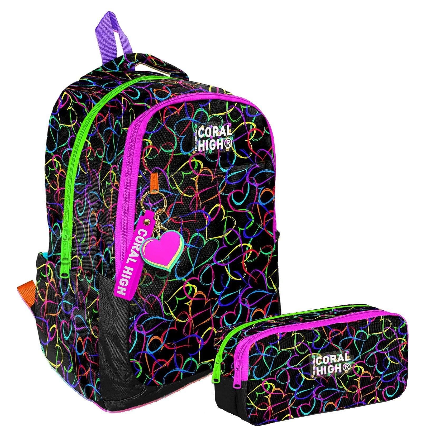 Coral High İlkokul/Ortaokul Sırt Çantası ve İki Bölmeli Kalemlik Seti - Kız Çocuk - Kalp Baskılı Siyah Pembe