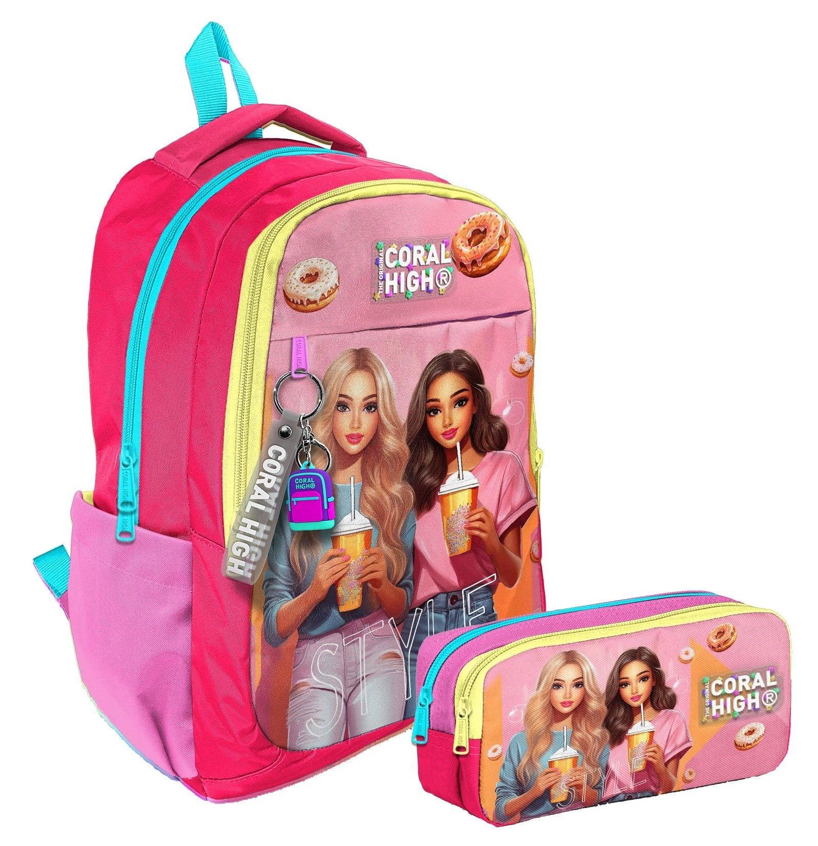 Coral High İlkokul/Ortaokul Sırt Çantası ve İki Bölmeli Kalemlik Seti - Kız Çocuk - Pembe Kırmızı Fashion Girl