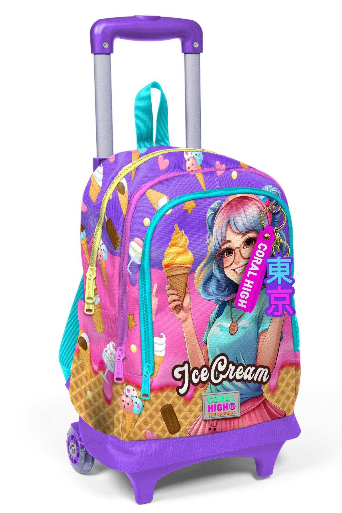 Coral High Işıklı Tekerlekli Çekçek Okul Çantası - 3 Bölmeli, 2li Sap Ayarı, Lila Turkuaz Dondurmalı Kız (Kız Çocuk) 23973
