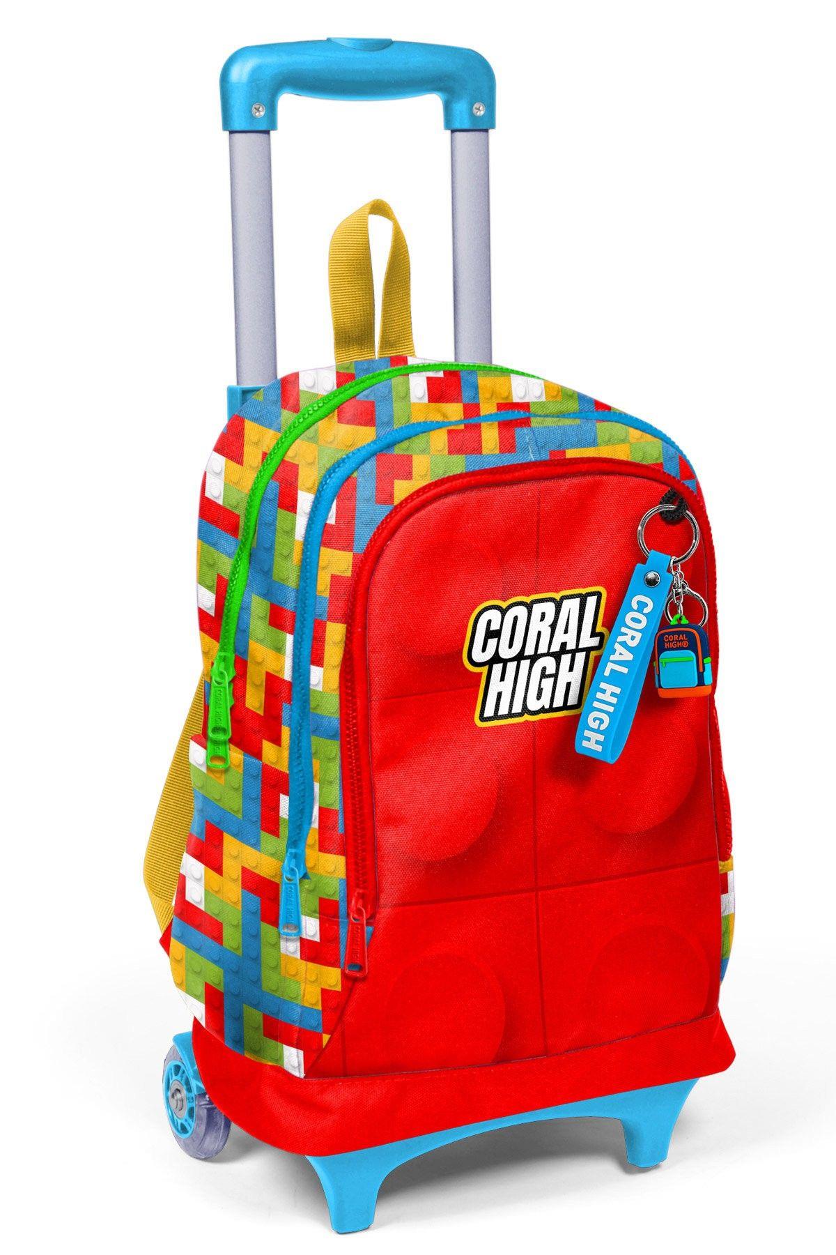 Coral High Işıklı Tekerlekli Çekçek Okul Çantası - 3 Bölmeli, 2li Sap Ayarı, Kırmızı Yapı Blokları (Erkek ve Kız Çocuk) 23975