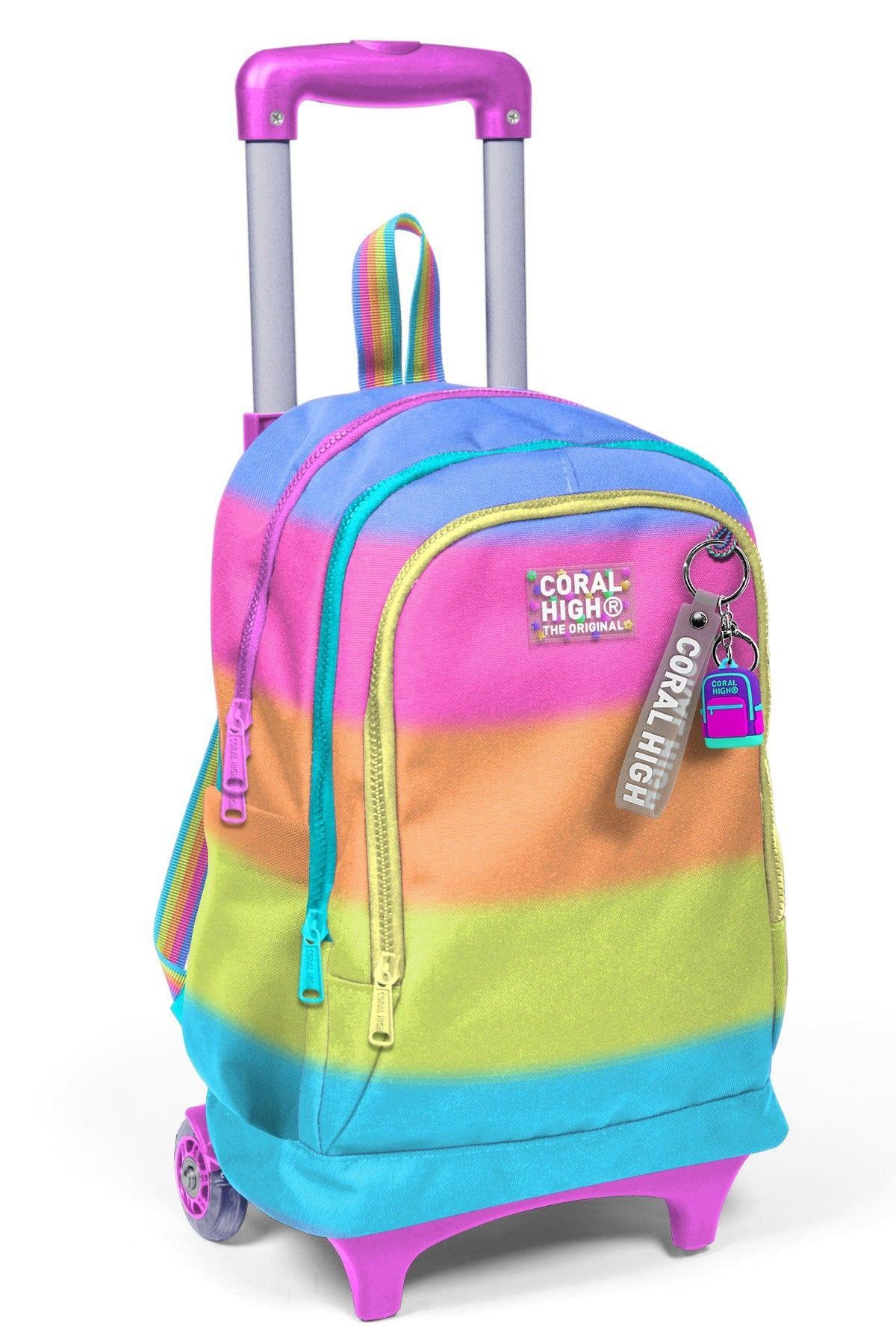 Coral High Işıklı Tekerlekli Çekçek Okul Çantası - 3 Bölmeli, 2li Sap Ayarı, Pembe Yeşil Çok Renkli (Kız Çocuk) 23970