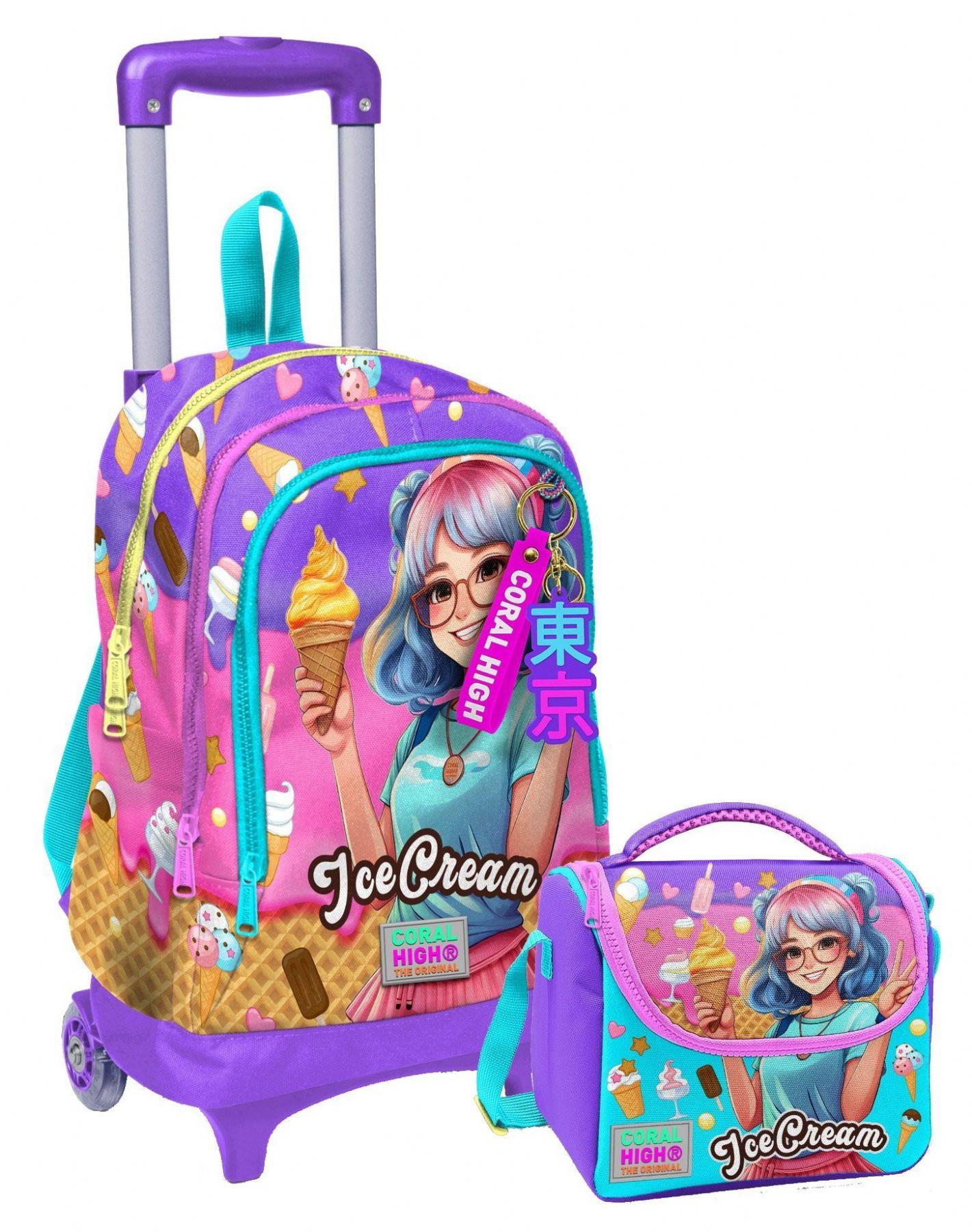 Coral High Işıklı Tekerlekli Çekçek Okul Çanta + Isı Yalıtımlı Beslenme Çantası - Kız Çocuk - Lila Turkuaz Dondurmalı Kız