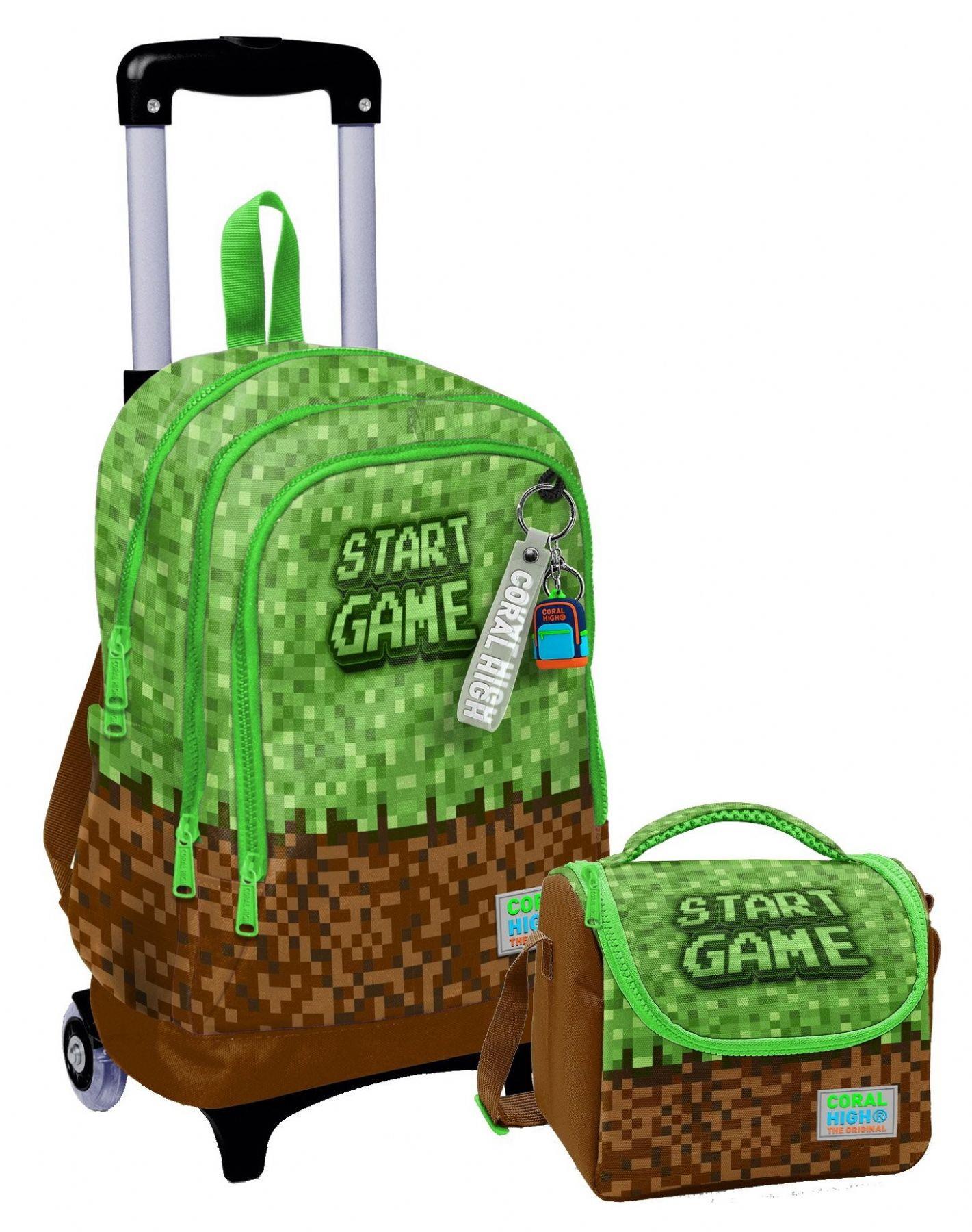 Coral High Işıklı Tekerlekli Çekçek Okul Çanta + Isı Yalıtımlı Beslenme Çantası - Erkek Çocuk - Yeşil Kahverengi Craft