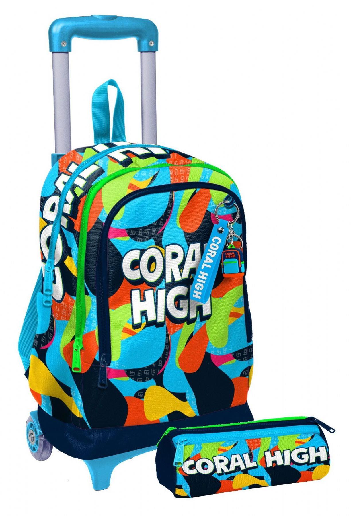 Coral High Işıklı Tekerlekli Erkek Çocuk, Lacivert Mavi Grafiti Baskılı, İlkokul Çekçek Çanta ve Kalemlik Seti