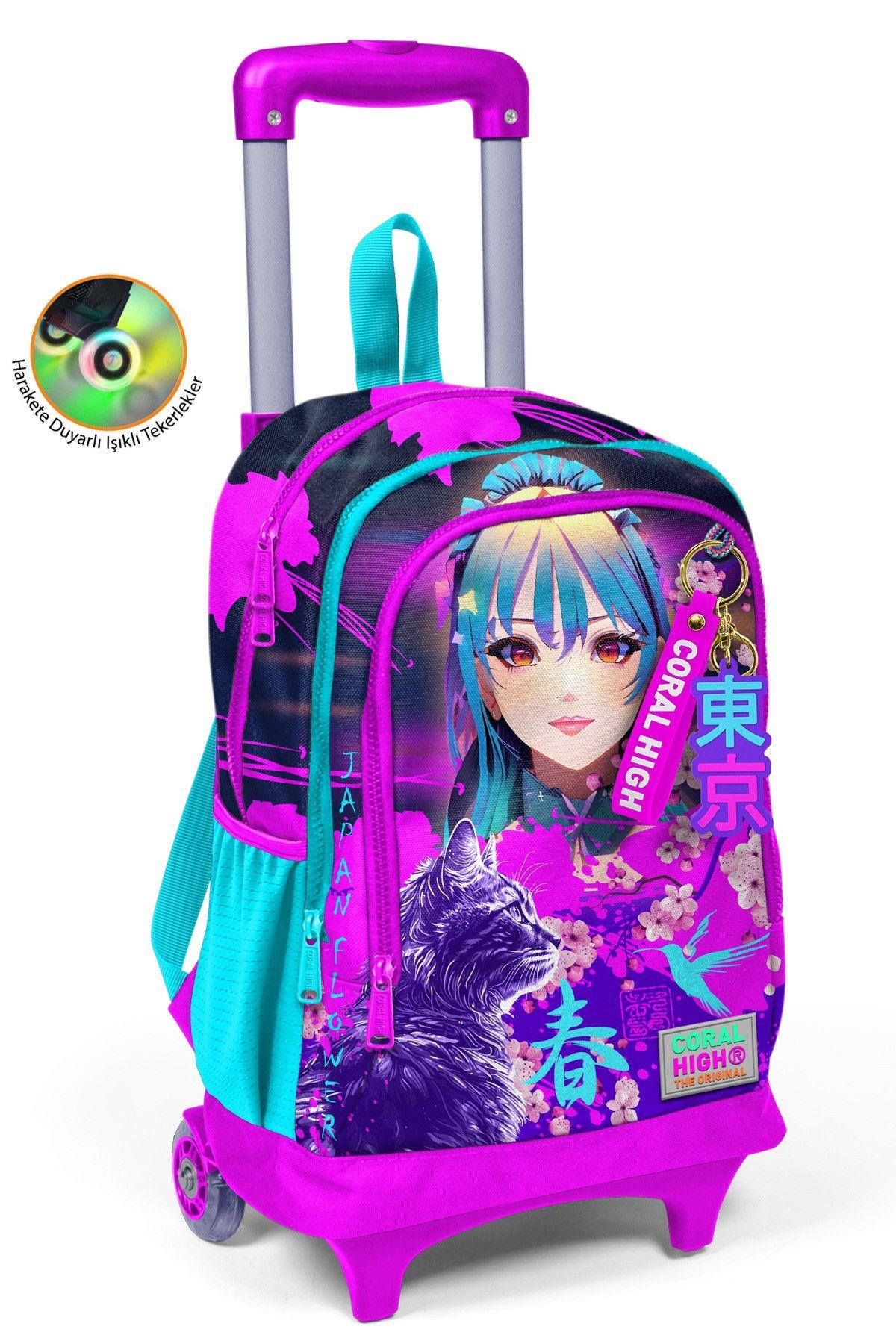 Coral High Işıklı Tekerlekli Mor Pembe Anime Kedi Çekçek Okul Çantası - Kız Çocuk